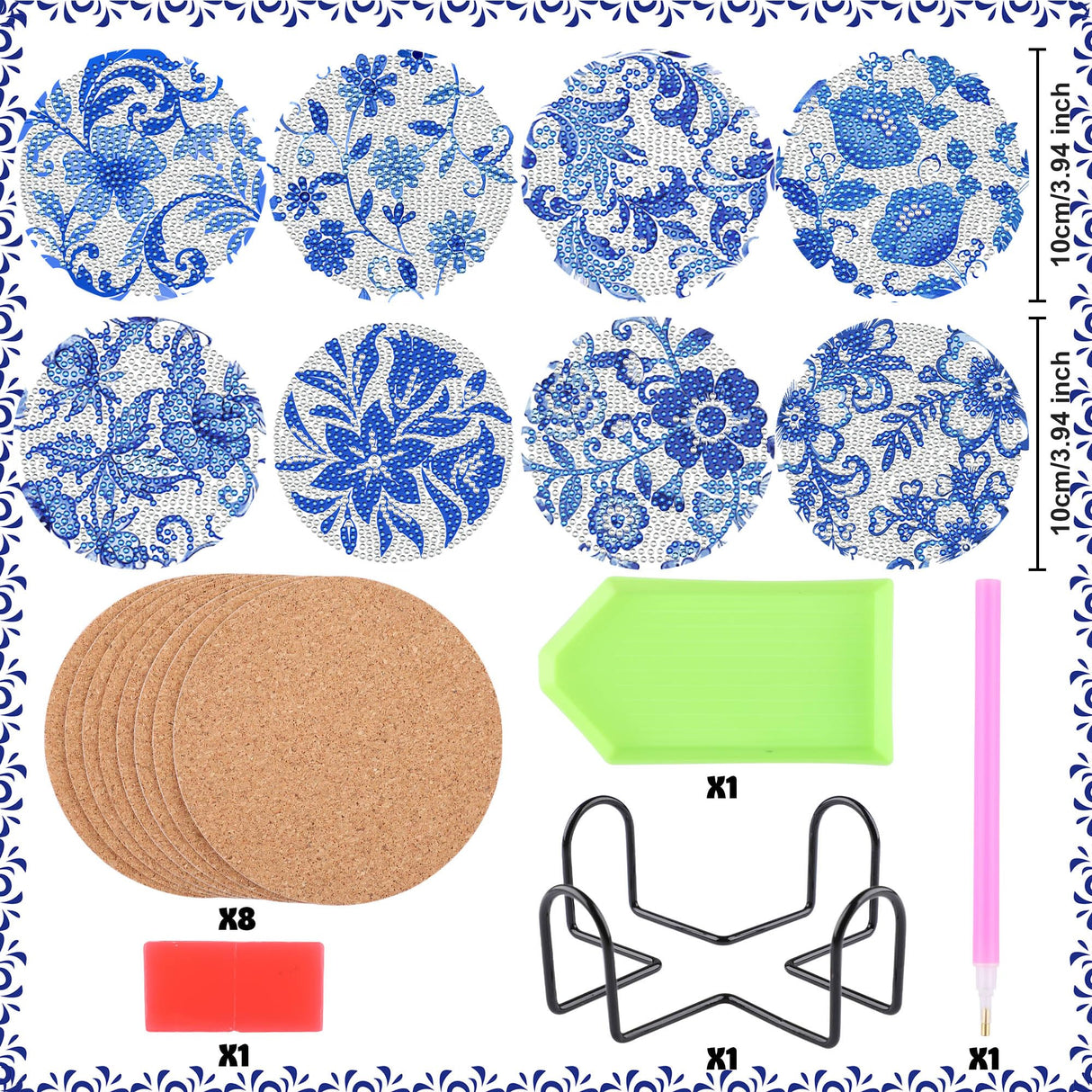 Diamond Art Coaster Blue Flower Diamond Painting Kits 5D DIY Acrylic Diamond Coasters with Cork Base and Holder for Adults DIY Craft, 8 PCS Augisteen