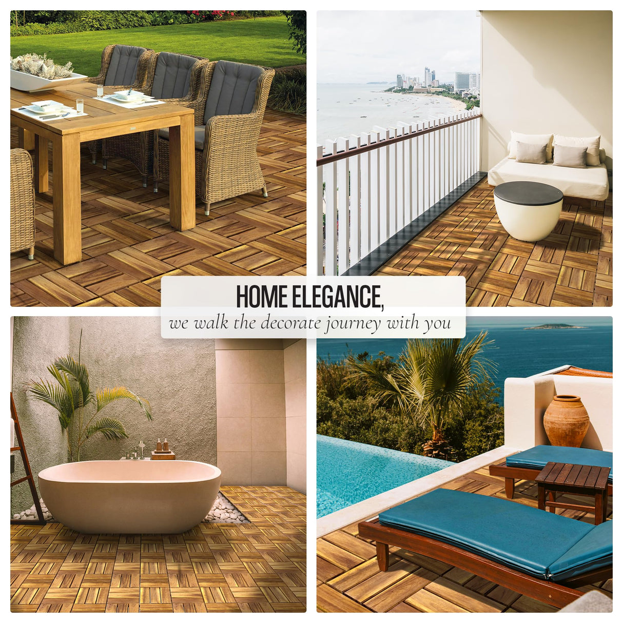 AN68 Pack of 10 Deck Tiles - 12"x12" Interlocking Natural Solid Acacia Wood for Outdoor & Indoor, Patio Garden, Balcony, Poolside - Golden Teak Color AN68