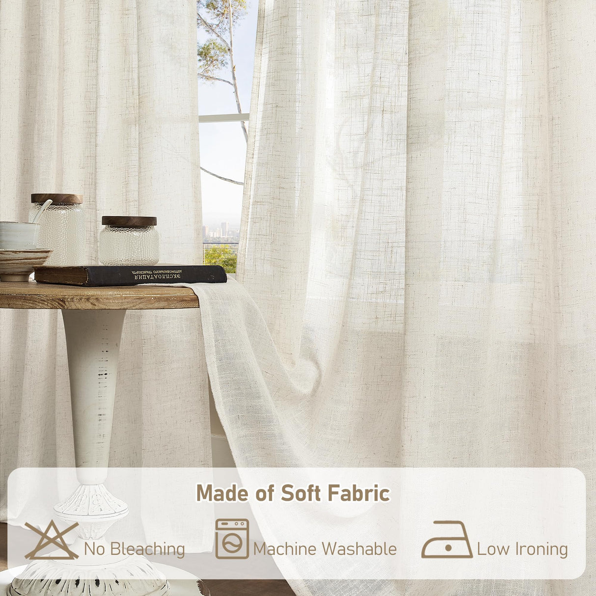 LAMIT Natural Ivory Semi Sheer Linen Curtains 84 inch Long, Cream White Light Filtering Living Room Panels Back Tab and Rod Pocket Neutral Drapes for Bedroom/Farmhouse, 2 Panels, 52 x 84 Inch LAMIT