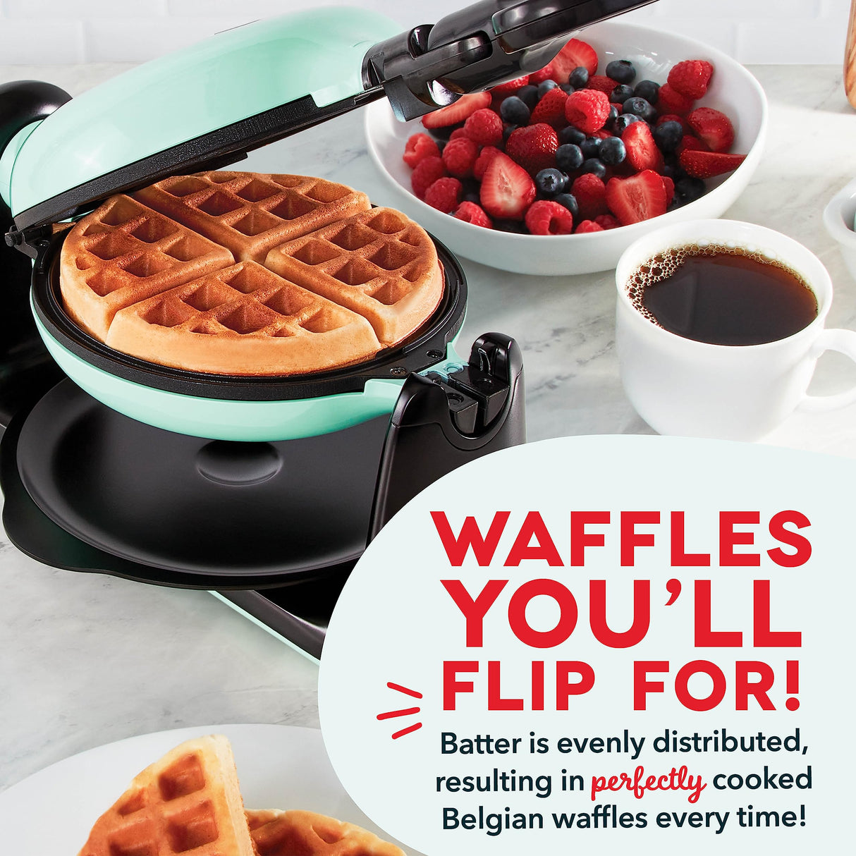 DASH Flip Belgian Waffle Maker – 1” Thick Waffle Mold, Nonstick Waffle Iron with Quick Heat-Up, Surface - Rotating Belgian Waffle Maker for Kids and Families, Just Add Batter (Aqua) DASH