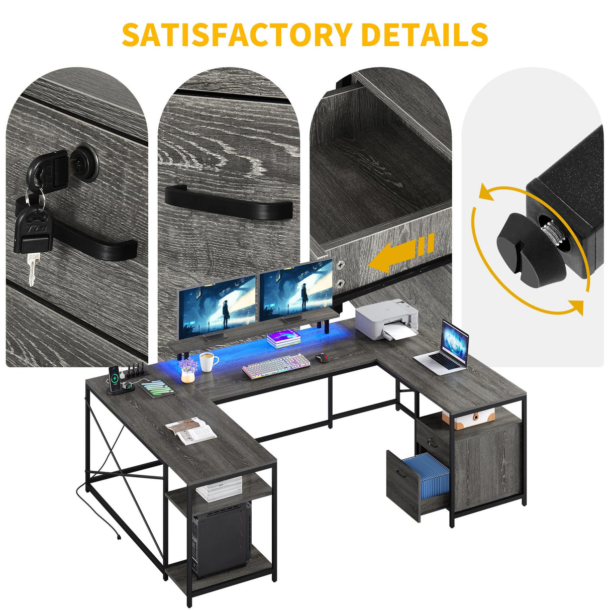DWVO U Shaped Desk with Drawers, 79" Reversible L Shaped Desk with Power Outlets & LED Lights, Corner Computer Desk with Monitor Stand & Storage Shelves, Grey DWVO