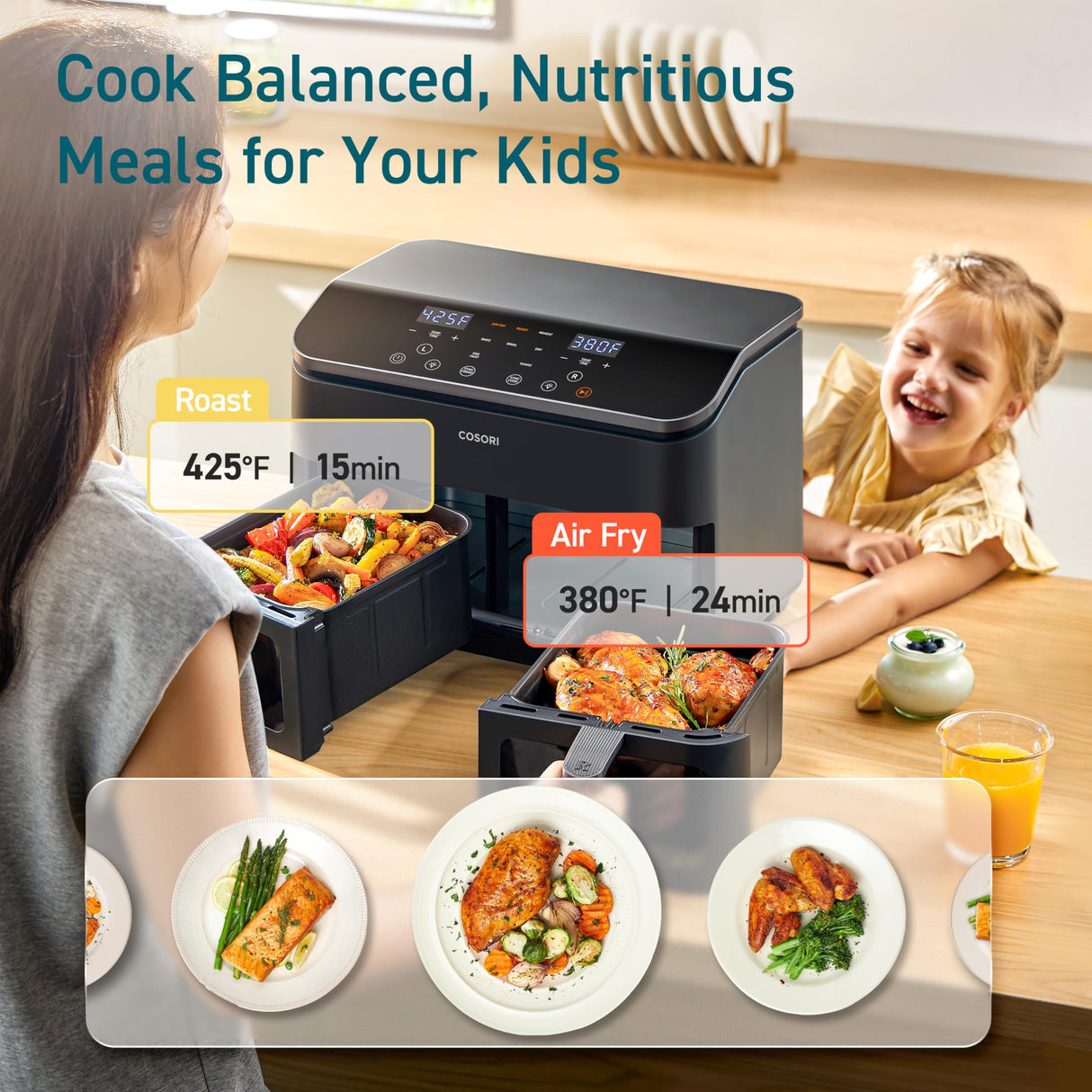 COSORI 9Qt 10-in-1 Dual Air Fryer, Fresh Balanced Meals for Family and Children with Double Baskets, Sync Cook & Finish to Bake, Roast, Reheat, Broil & 130 Recipes for Easy Cooking, Dishwasher Safe COSORI