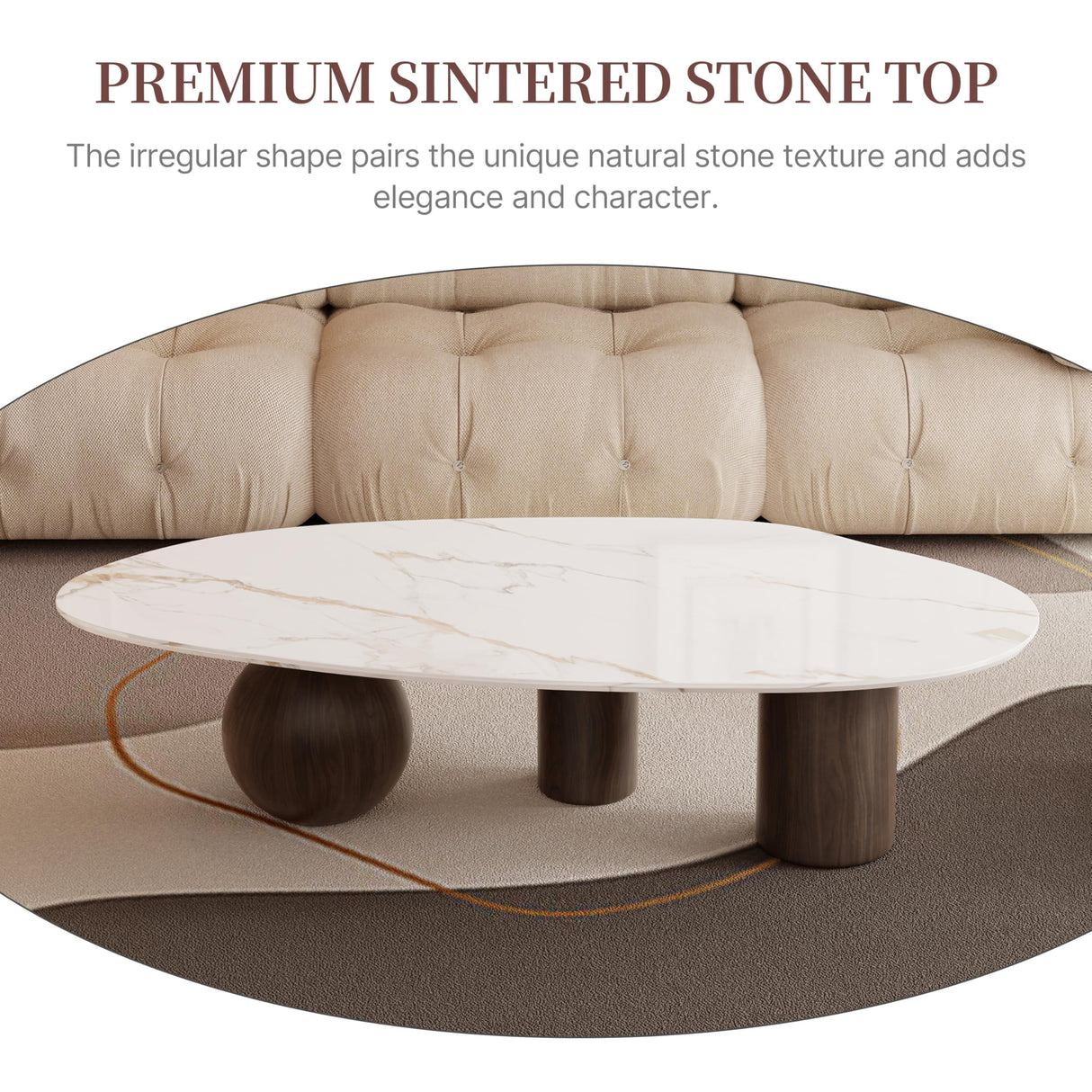 Modern Oval Coffee Table for Living Room, 54.33" Sintered Stone Cloud Coffee Tabletop with 3 Metal Legs, Minimalist Living Room Table Tea Table Center Table for Home Office FHKJ