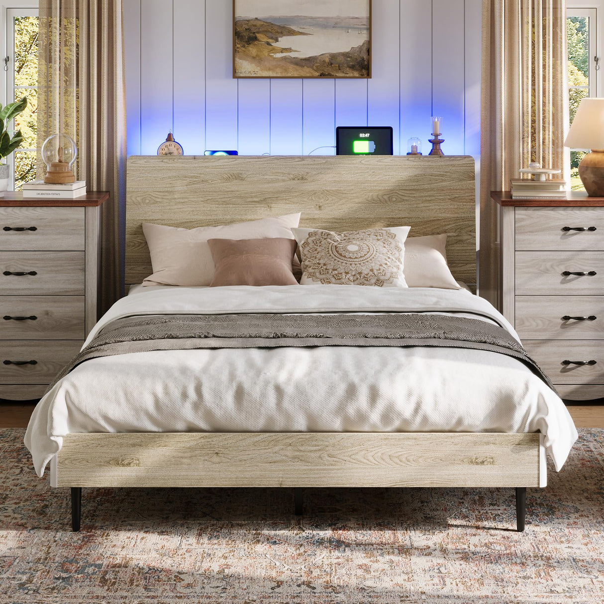LINSY Wood Bed Frame, Queen Bed Frame with Headboard LED, Wooden Platform Frames with Charging Station, No Box Spring Needed, Easy Assembly, Natural Wood LINSY