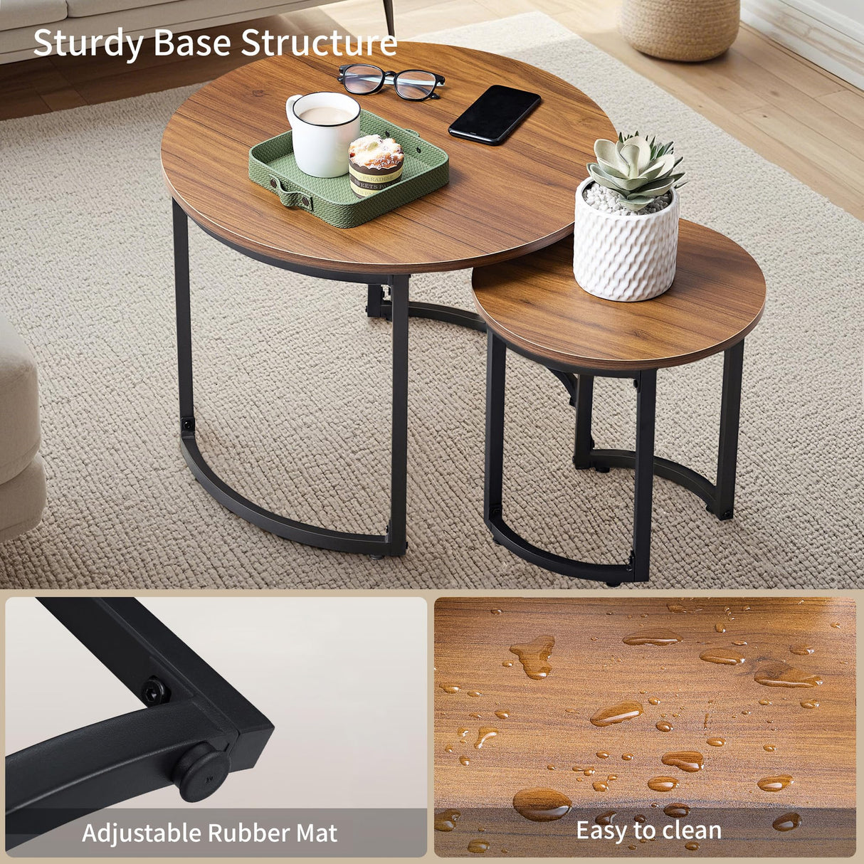 VECELO Nesting Coffee Table Set of 2, Wood Round Side Tables with Adjustable Non-Slip Feet, for Living Room, Brown VECELO
