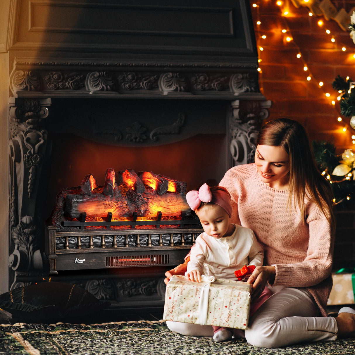 TURBRO Eternal Flame 30 in. WiFi Infrared Quartz Electric Fireplace Log Heater with Sound Crackling, Realistic Pinewood Logs, Adjustable Flame Colors, Remote Control, Thermostat, Timer, EF30-PB, 1500W TURBRO