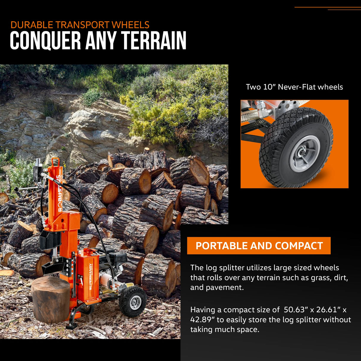 SuperHandy Portable 25 Ton Gas Log Splitter with 7HP Engine, Bucher Gear Pump, and Horizontal/Vertical Half Beam Steel Wedge for Firewood Splitting SuperHandy