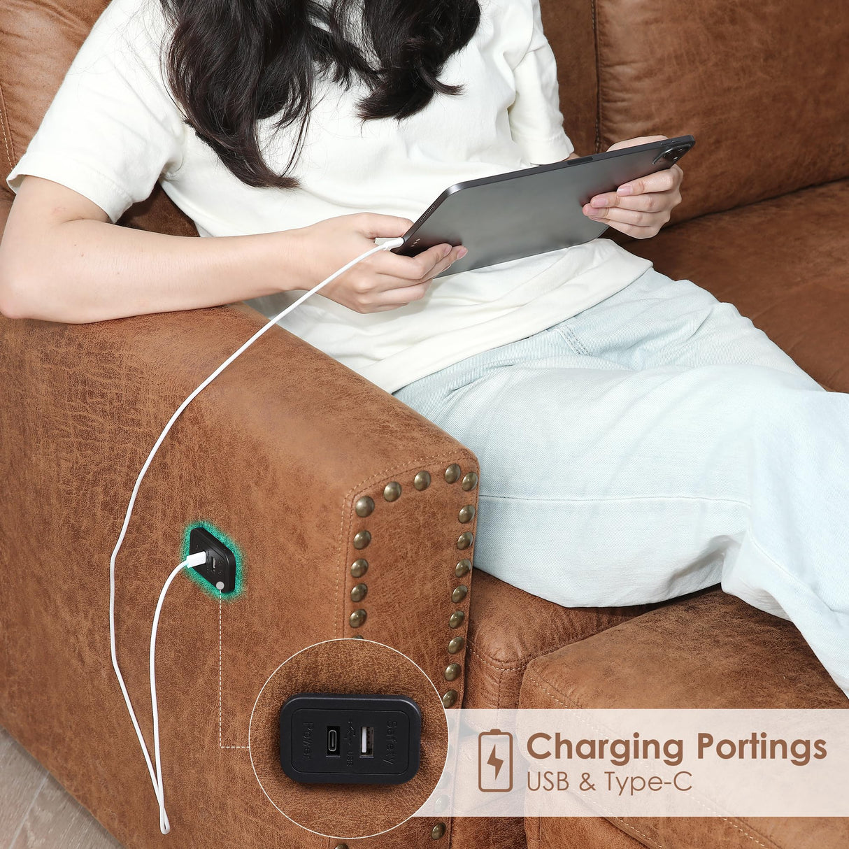 HIFIT 101" W Sectional Sofa with Storage Seats and USB Ports, 6 Seater U Shaped Sectional Couch with Double Chaise, Brown Leather Sofa Couches for Living Room, Small Sofa HIFIT