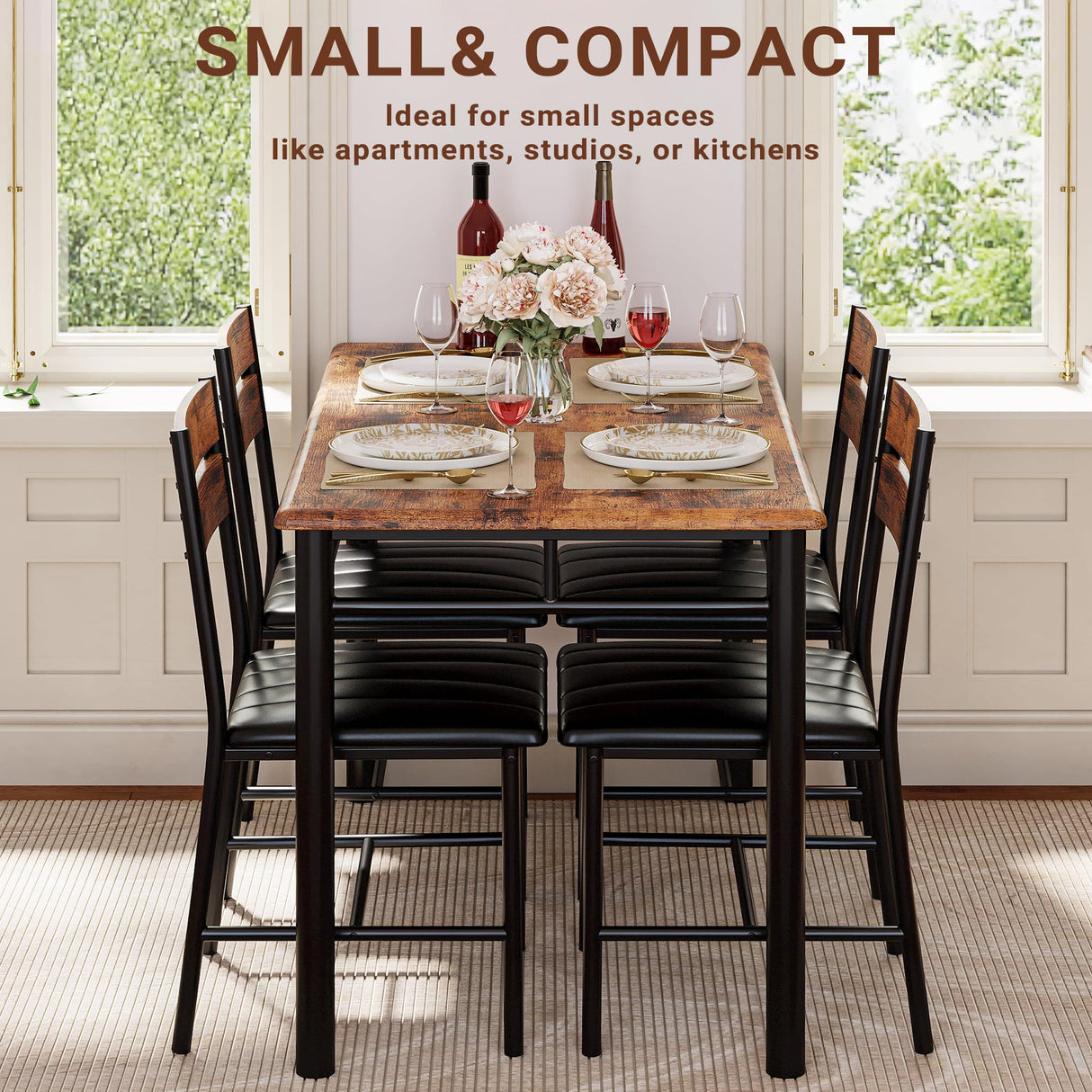 IRONCK Dining Table Set for 4, Wood Kitchen Table with Upholstered Chairs Dinning Table Set for Kitchen & Dining Room, Compact Dining Set for Small Spaces, Rustic Brown IRONCK