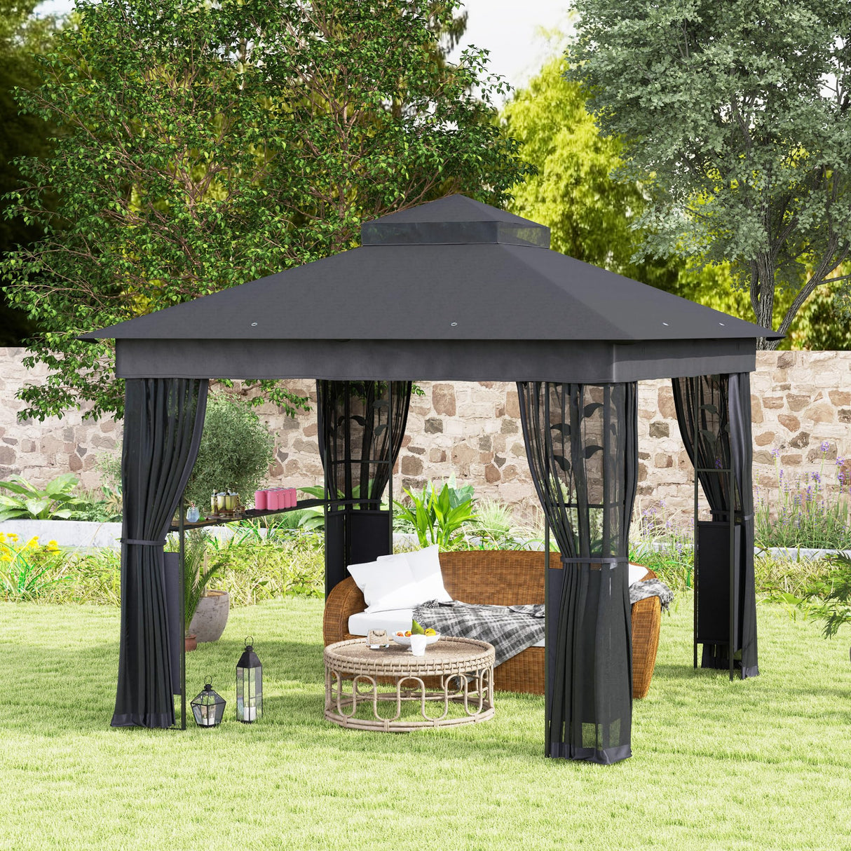 Outsunny 10' x 10' Outdoor Gazebo with Shelves and Netting, Double Roof Patio Gazebo Canopy Shelter, UV30+ Protected for Lawn, Backyard and Deck, Dark Gray Outsunny