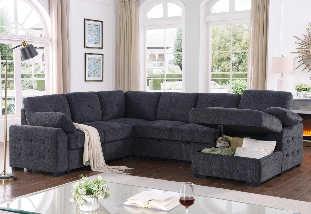 FANYE U-Shaped Pull Out Sleep Sofabed, Modern Sleeper Sectional Sofa Couch Chenille Upholstered Button Tufted Decor with Storage Chaise and 2 Pillows for Living Room Furniture Sets FANYE