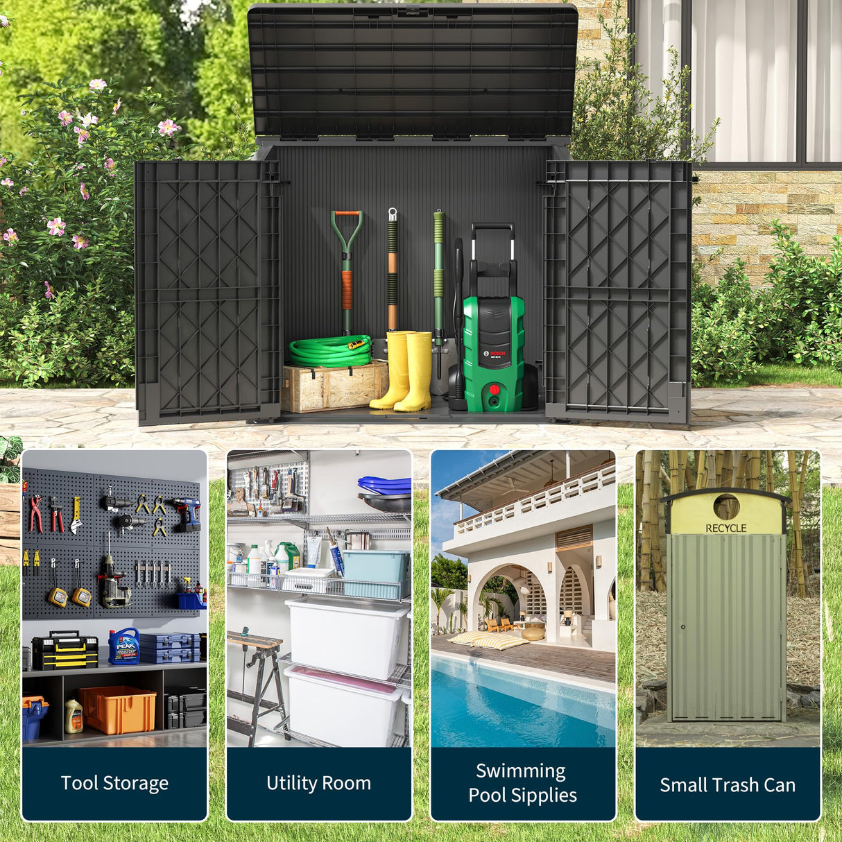 LHBGO Horizontal Storage Shed, Outdoor Resin Storage Shed 36 Cu. Ft. Garden Extra Large Capacity Weather Resistant Storage Box, Lockabl Waterproof Shed for Garbage Cans, Garden Tools,Black LHBGO
