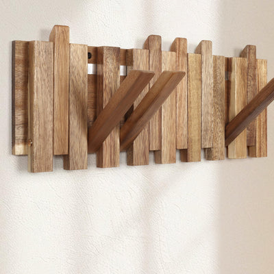 KYIAANY Wall Coat Rack for Entryway: Rustic Wooden Folding 8 Hooks Mount 16.5inch Decorative Piano Hanger for Farmhouse Hallway Bathroom for Towel Backpack Jacket (Staggered Style)