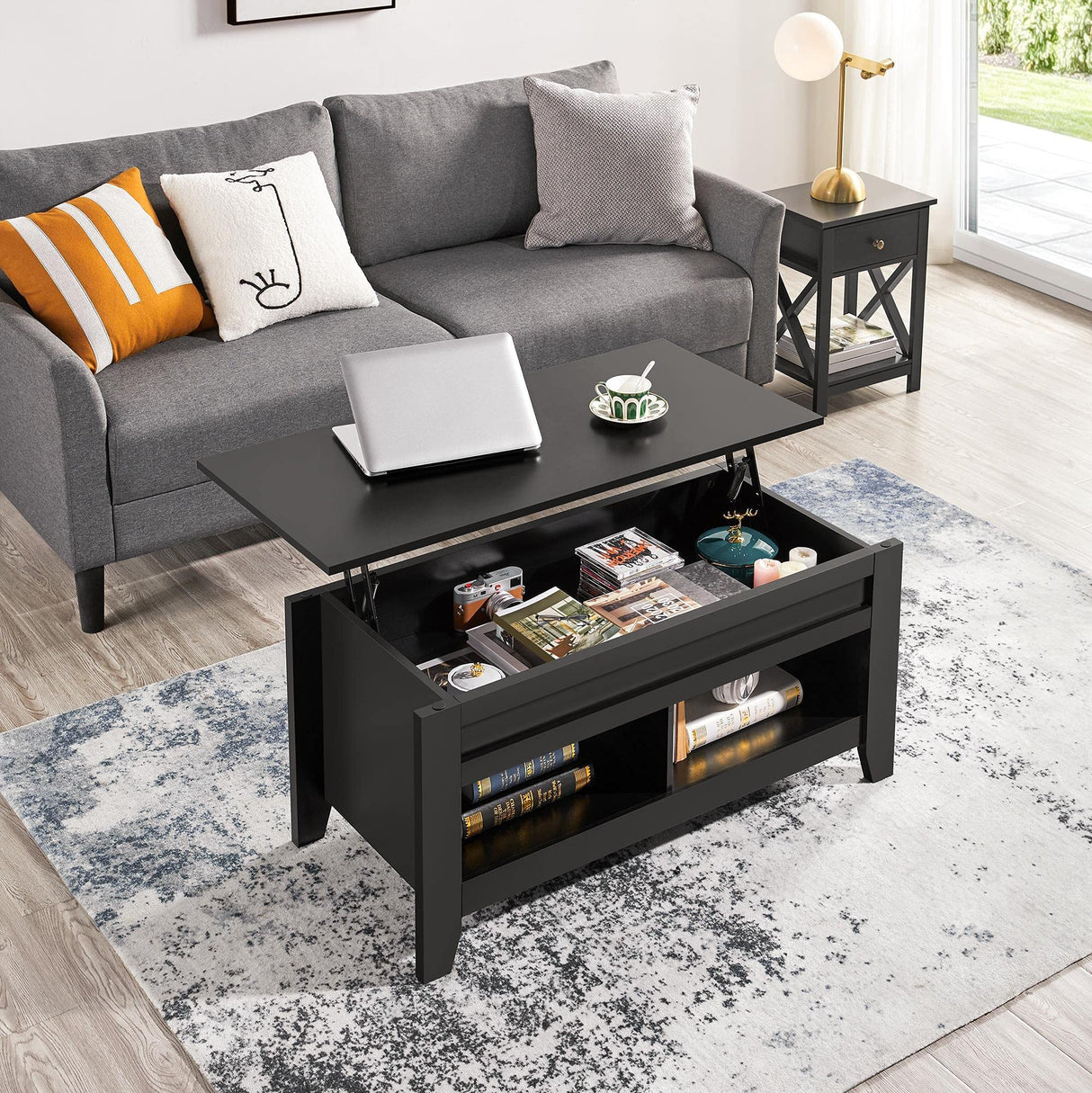 Yaheetech Black Wood Coffee Table Lift Up Coffee Table w/Hidden Storage & 2 Open Shelves for Living Room Reception Room Office, 41in L Yaheetech