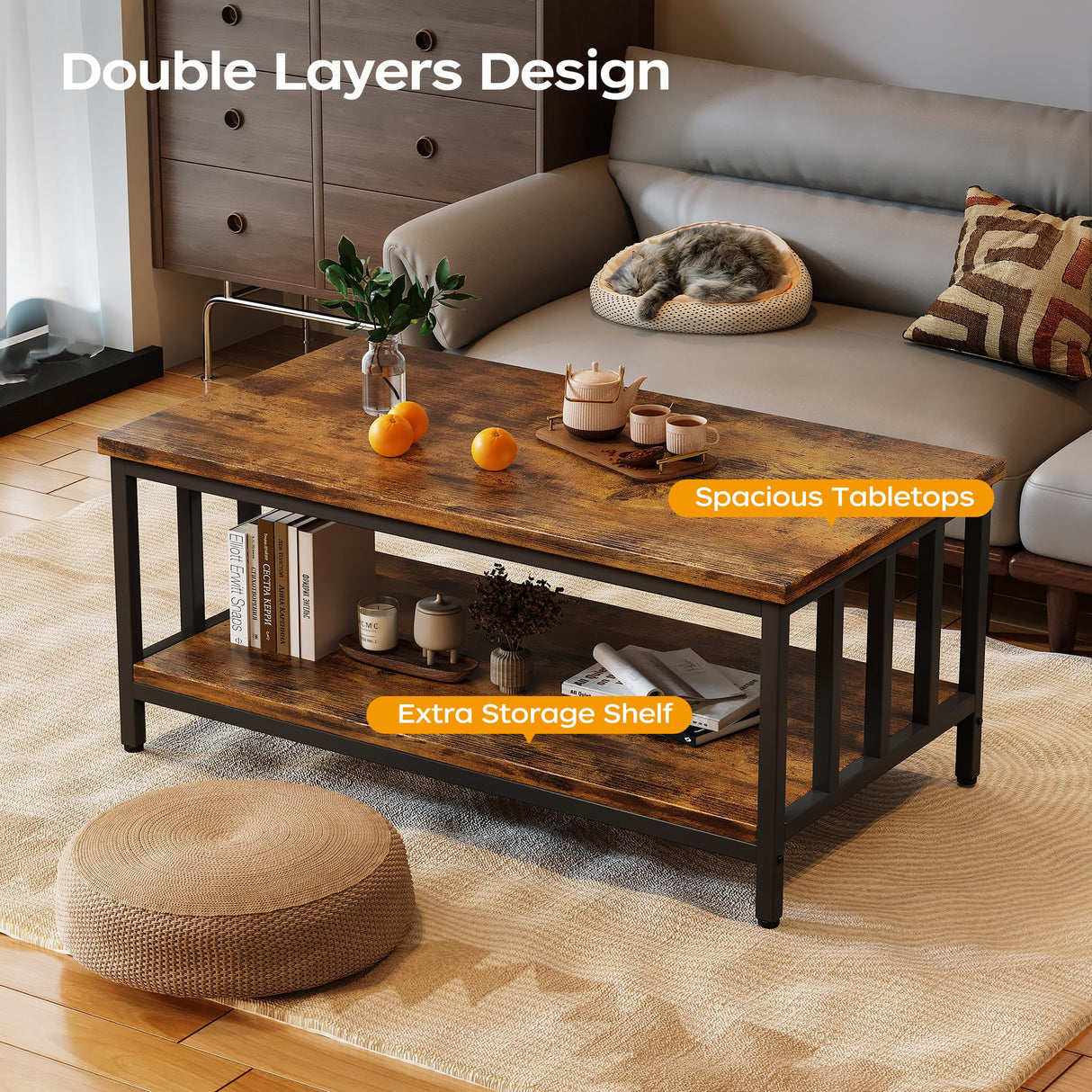 Homeiju Coffee Table for Living Room, Farmhouse Living Room Table with Slatted Sides Frame for Home Office, Apartment, 39 inch Rustic Black and Brown Homeiju