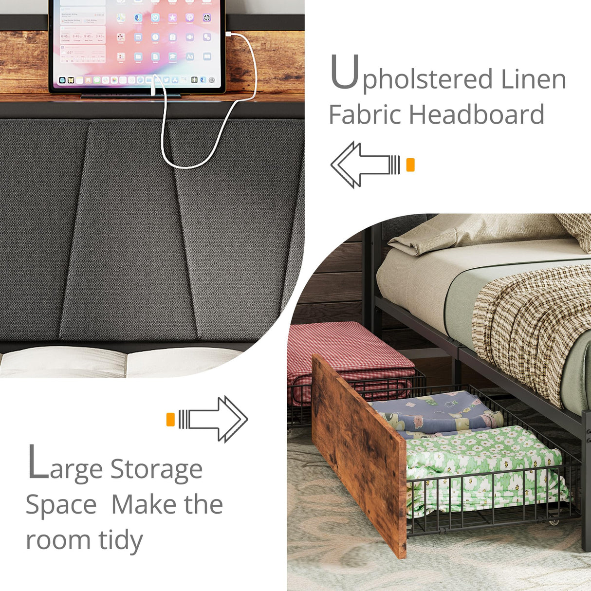 LIKIMIO Vintage Brown Queen Bed Frame with 4 Storage Drawers and Charging Headboard LIKIMIO