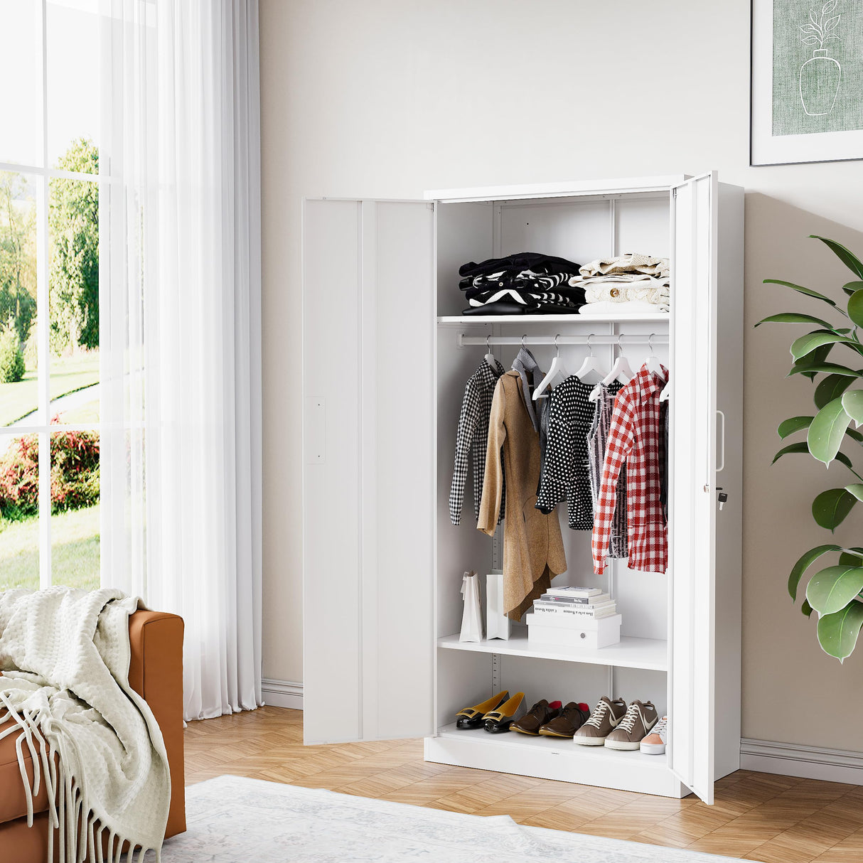 BYNSOE Metal Storage Cabinet 72'' Metal Locker with Locking Metal Storage Locker with Hanging Rod for Office Hospital Require Assembly (White) BYNSOE