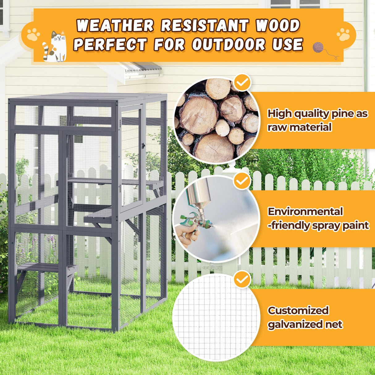 Catio Outdoor Cat Enclosure, Wooden Catio with Window Access for Patio, Indooe Kitty House (Grey) Nyeekoy