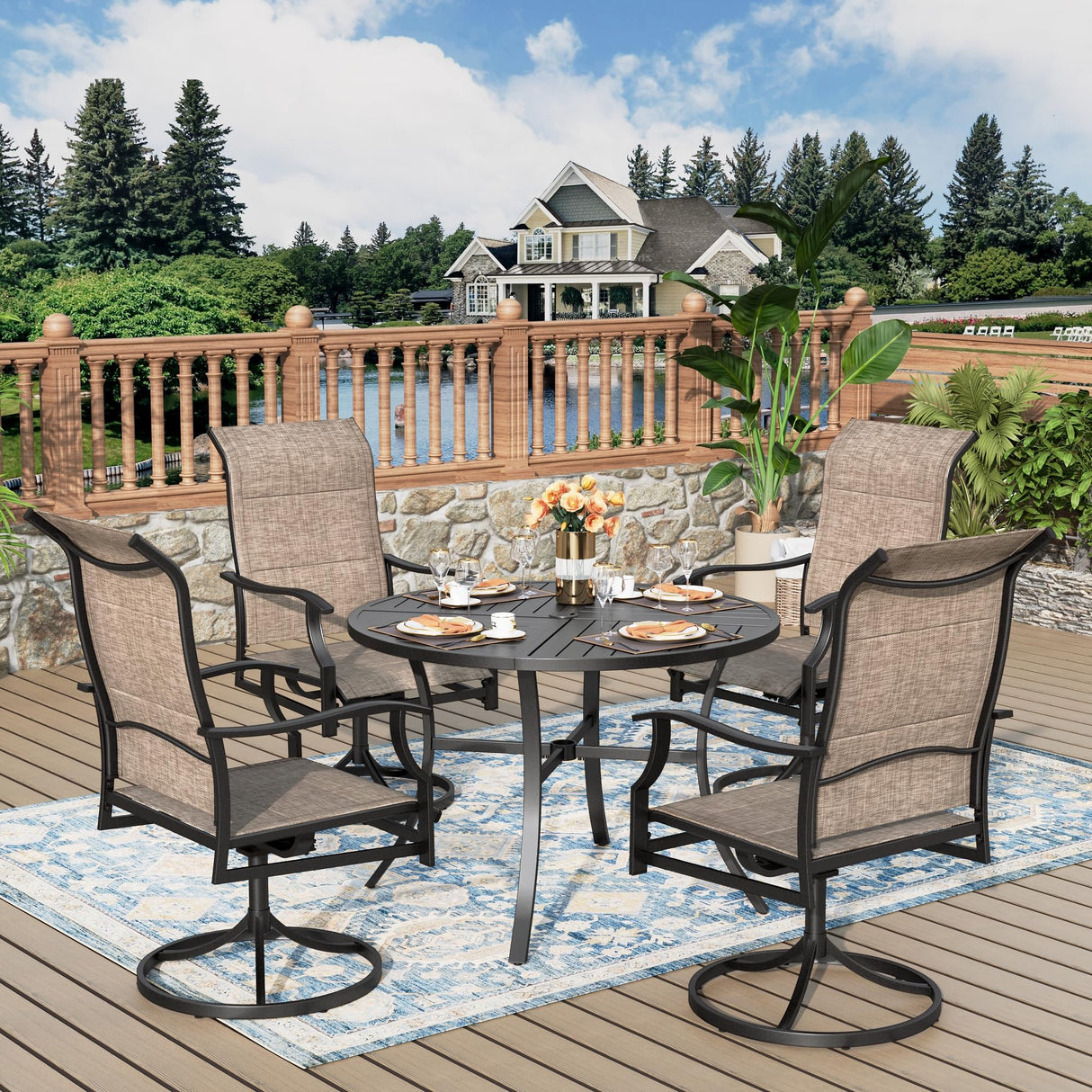 MIXPATIO 5 Pieces Patio Dining Set, Outdoor Table and Chairs, 4 x Textilene Swivel Dining Chairs and 42" Round Black Table, with 1.57" Umbrella Hole, for Cozy Garden Settings, Grayish Brown MIXPATIO