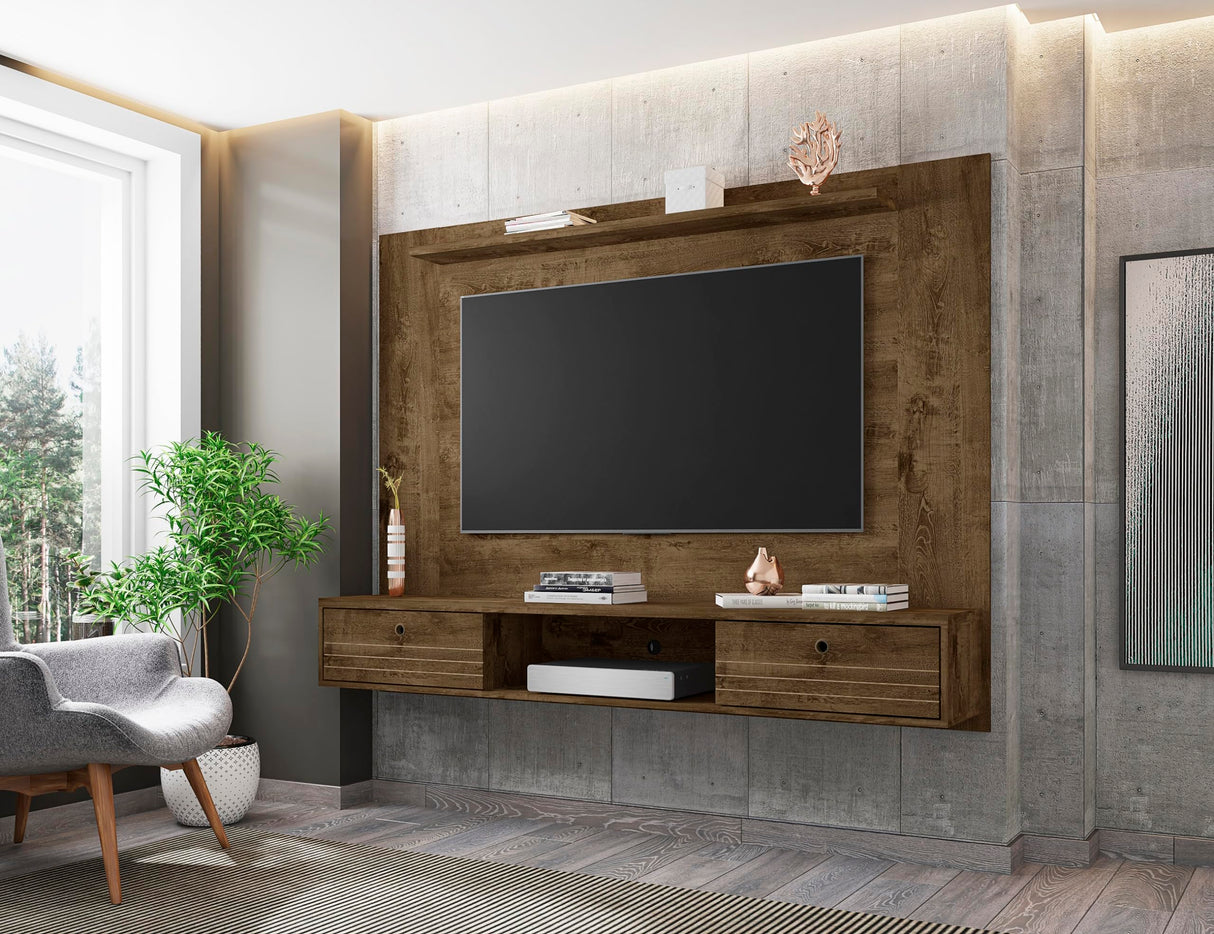Manhattan Comfort Liberty Floating Entertainment Center with Storage, Shelves, and Cabinet, Mid Century Modern TV Stand for Televisions up to 65 Inches, Bedroom and Living Room, 70" Wide, Rustic Brown Manhattan Comfort