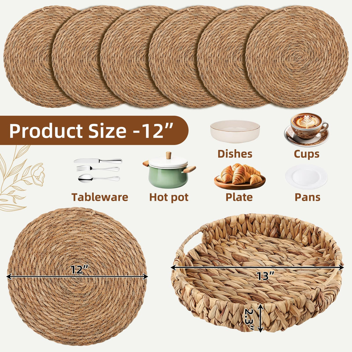 Cattail Woven Placemats Set of 6 and Storage Basket, 12 Inch Farmhouse Plate Chargers Set with Rattan Wicker Holder, Braided Straw Table Mats for Dining Table, Fall, Party, Thanksgiving, Christmas BSSN