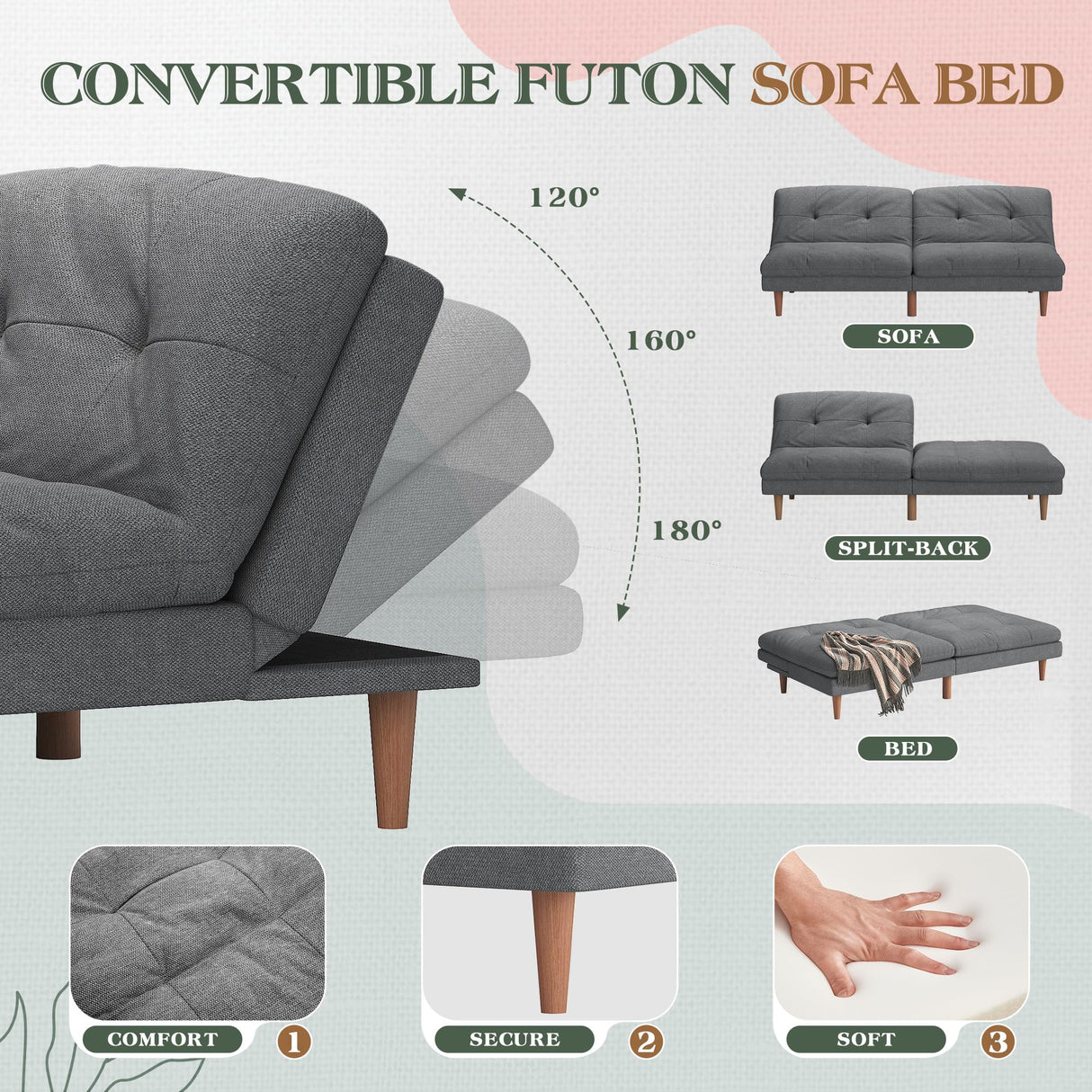 Furmax Futon Sofa Bed Modern Linen Couch Convertible Folding Futon Reclining Sleeper Sofa Couch for Small Space Apartment Loveseat with Adjustable Backrest (Dark Grey) Furmax