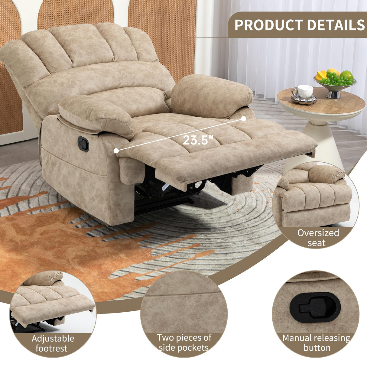 Luxlen Large Manual Recliner Chair,Soft Fabric Push Back Recliner with Overstuffed Armrest and Backrest, Living Room Single Sofa Recliners,Beige Luxlen