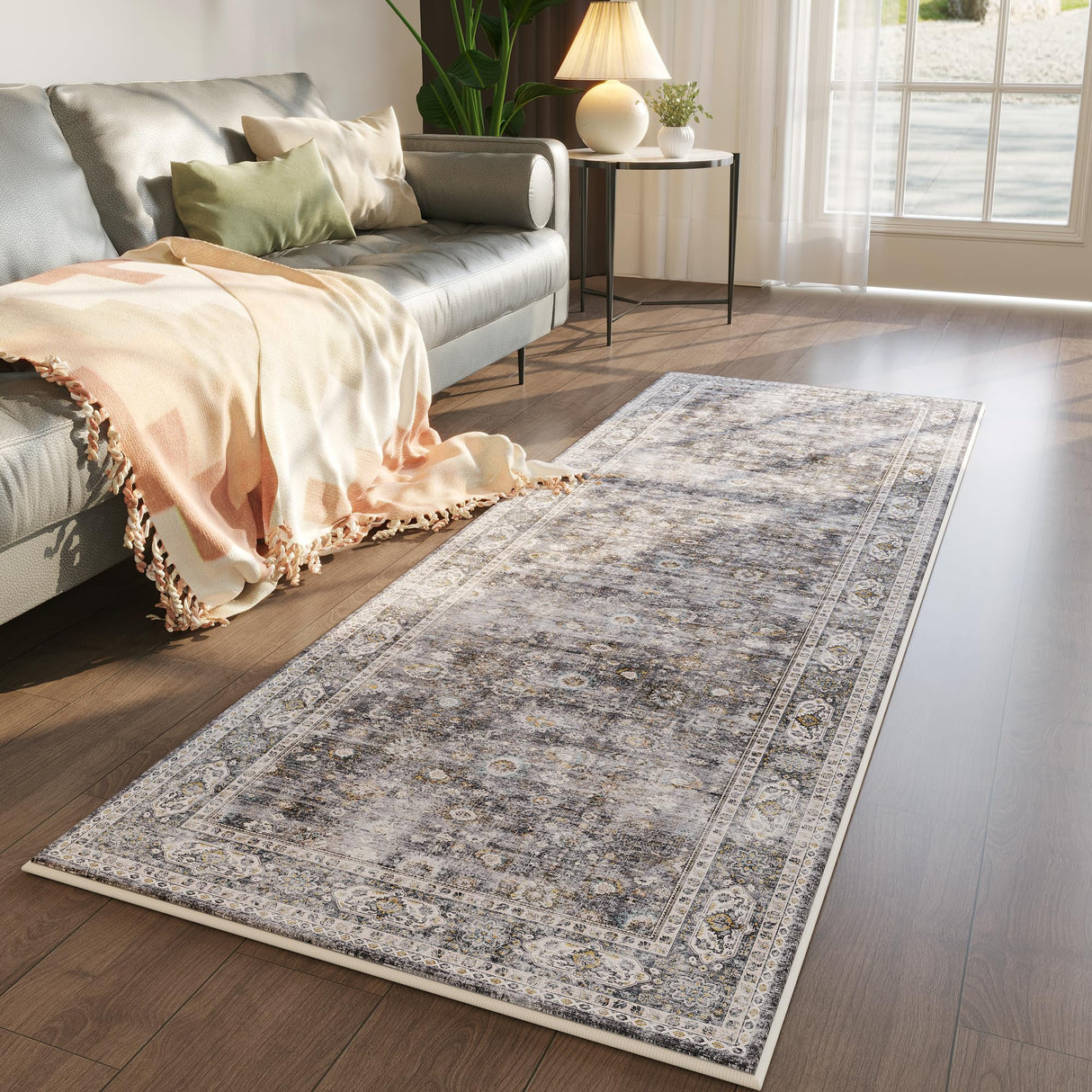 Runner Rug Hallway Runner Rug Washable Kitchen Runner Rugs with Rubber Backing 2'6''x8' 100% Polyester Vintage Rug for Entryway Indoor, Kitchen, Laundry, Bedroom (Grey and Brown) Rugcomf