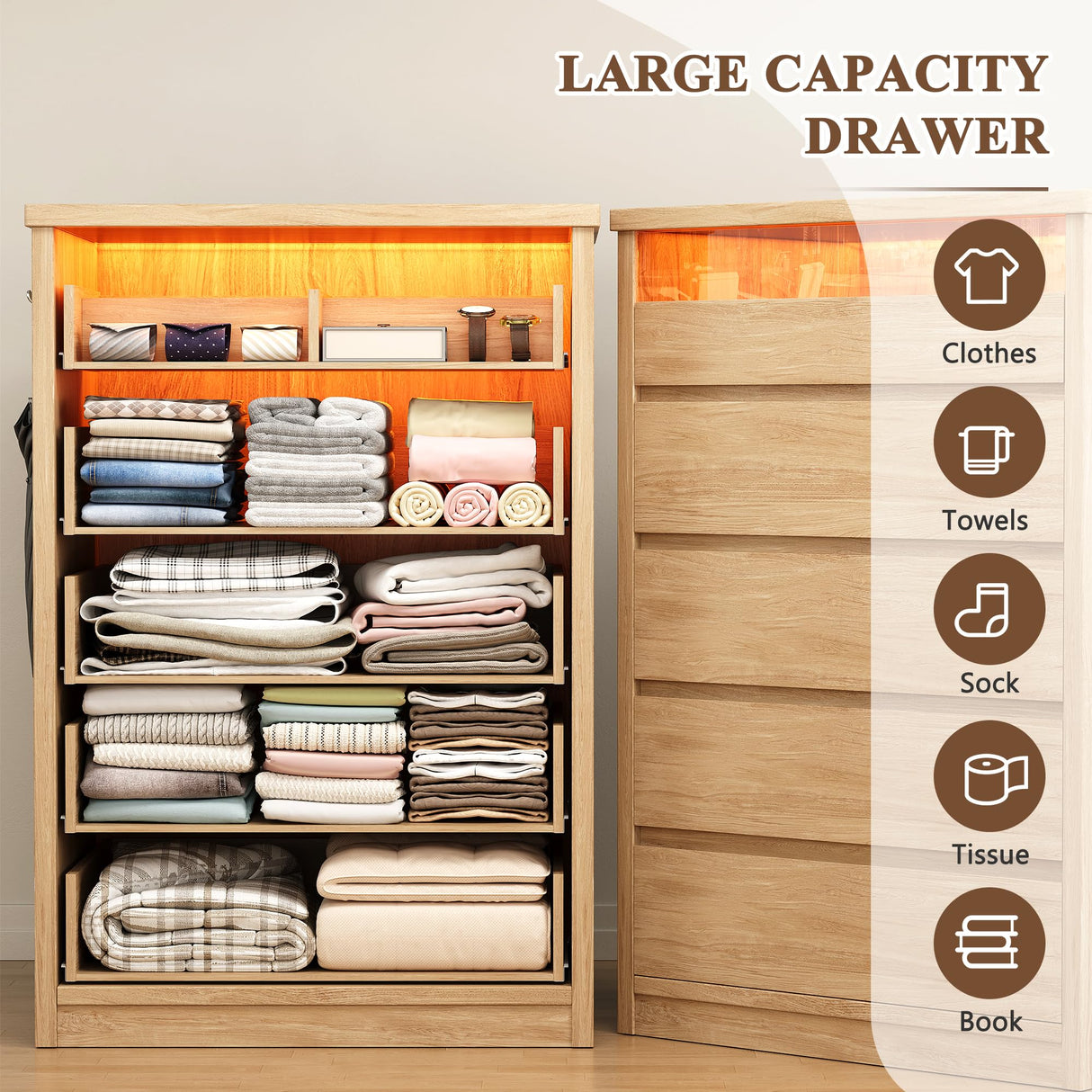 Jocoevol Larger Oak 5 Drawer Dresser for Bedroom with LED Light, Modern Chest of Drawers with Hidden Handles, Tall Wooden Dresser Closet for Living Room, Entryway, Hallway - Oak Jocoevol