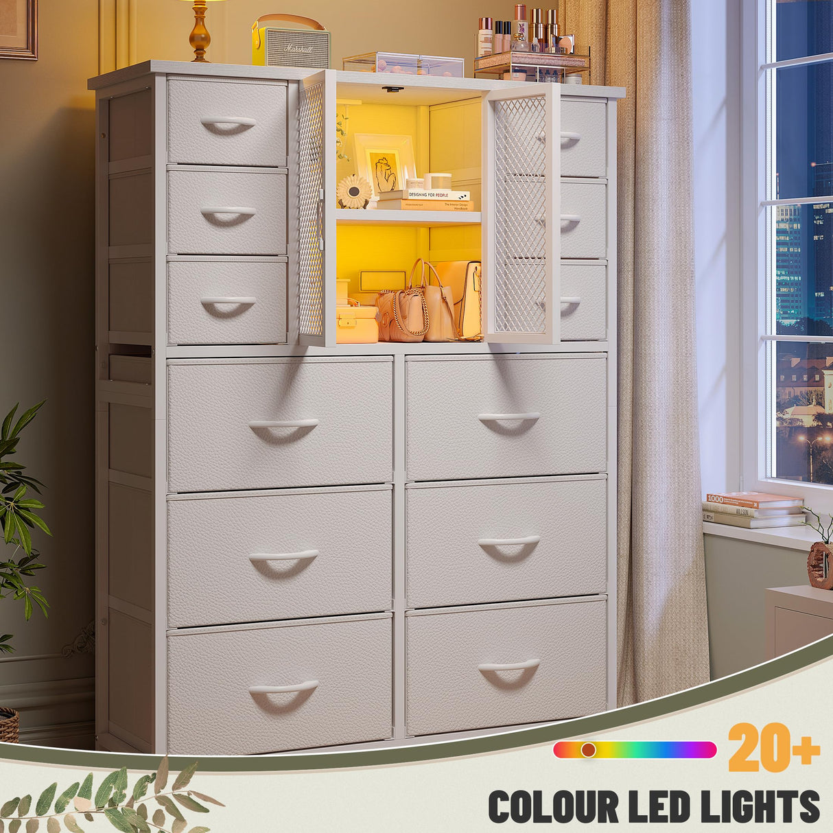 EnHomee Tall Dresser for Bedroom with 12 Drawer Dressers & Chests of Drawers for Closet with Power Outlets & LED Lights Sturdy White Dresser with PU Finish Wooden Top and Metal Frame Mesh Door EnHomee