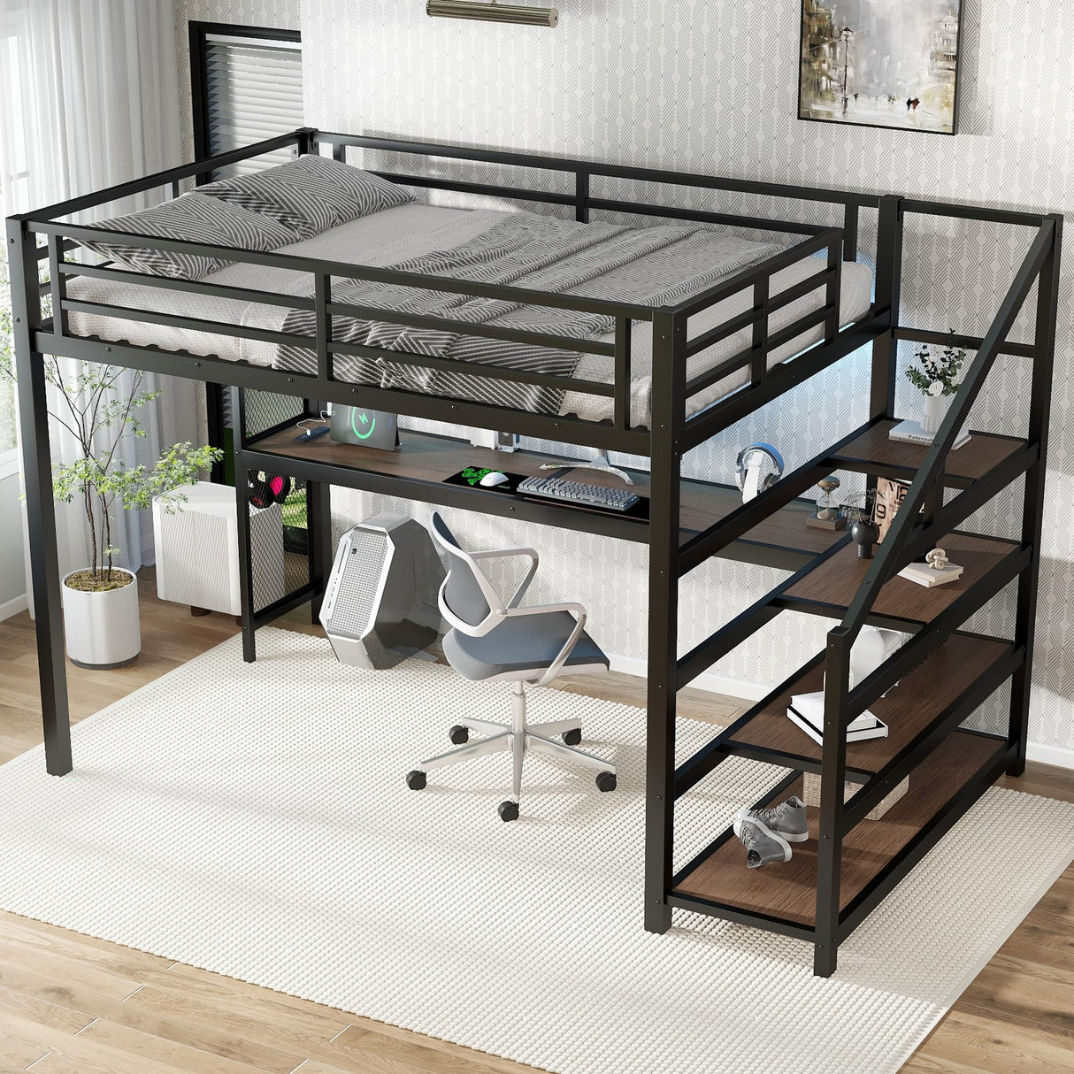 Metal Full Size Loft Bed with Desk and Storage Stairs,Heavy Duty Loft Bed Frame Full Size with LED Lights and Charging Station for Kids,Teens,Adults,Black Bellemave