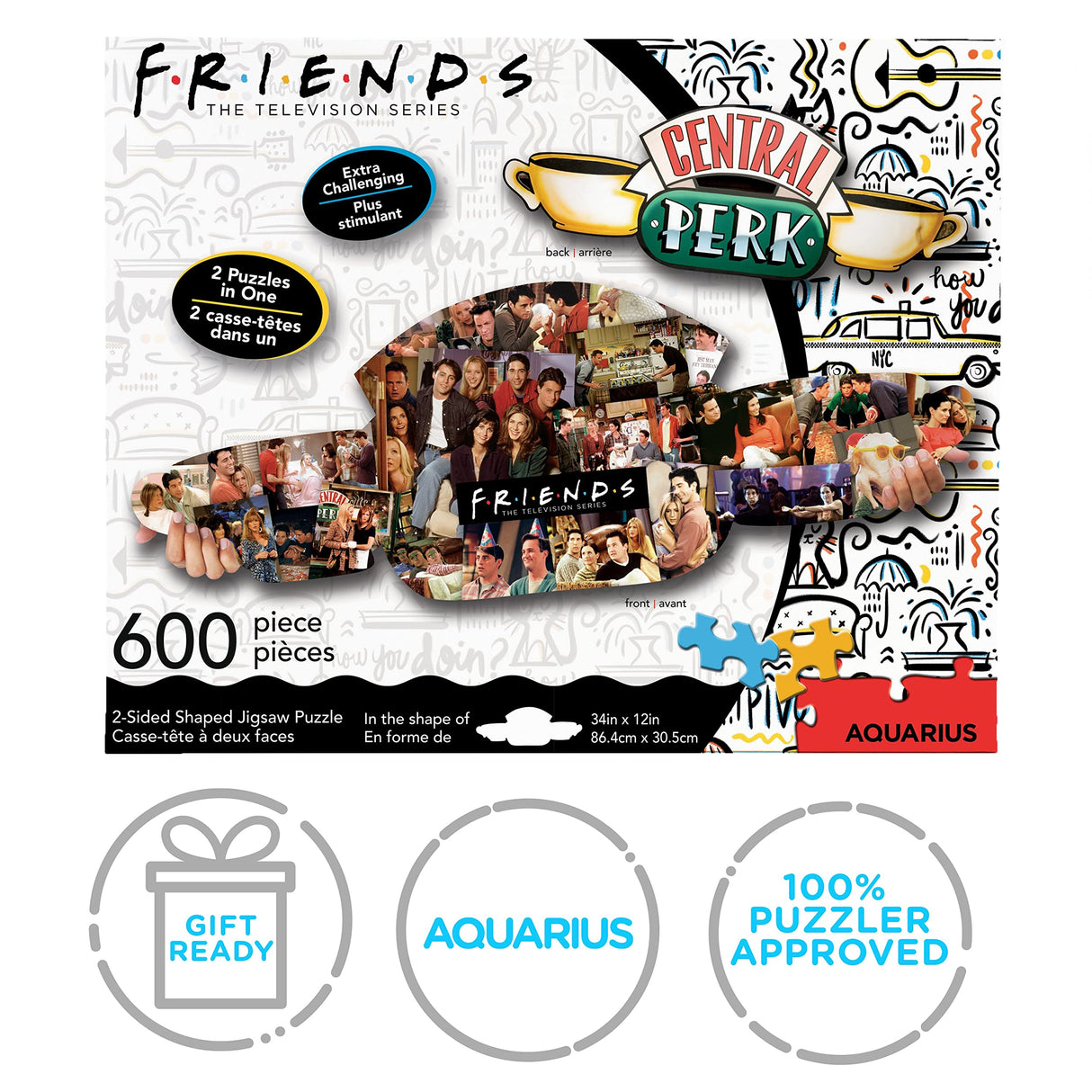 AQUARIUS Friends Central Perk Puzzle (2-Sided Shaped 600 Piece Jigsaw Puzzle) - Glare Free - Precision Fit - Officially Licensed Friends TV Show Merchandise & Collectibles - 34x12 in AQUARIUS