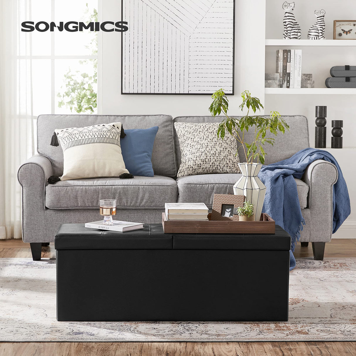 SONGMICS MAZIE Collection - 43 Inches Storage Ottoman Bench with Flipping Lid, Storage Chest with Iron Frame Support, Load 660 lb, for Living Room, Bedroom, Synthetic Leather, Black ULSF75BK SONGMICS