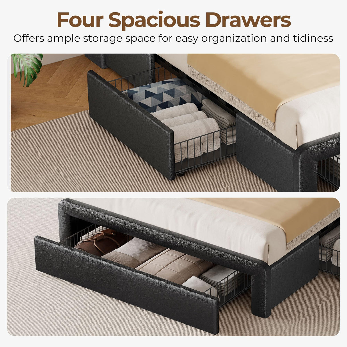 Seventable Queen Size Bed Frame with 4 Storage Drawers & Charging Station, Upholstered Platform Bed with Storage Headboard and LED Light, No Box Spring Needed, Noise Free, Easy Assembly, Black Seventable