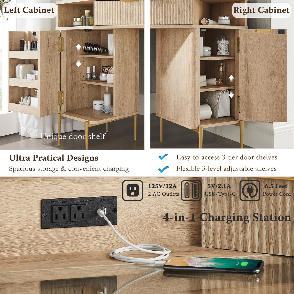 T4TREAM 48'' Fluted Makeup Vanity Desk with HD Triple Mirror and Lights, Large Lighted Corner Vanity with Glass Top, Modern Dressing Table with 3 Drawers & 2 Cabinets for Bedroom, Natural Oak T4TREAM