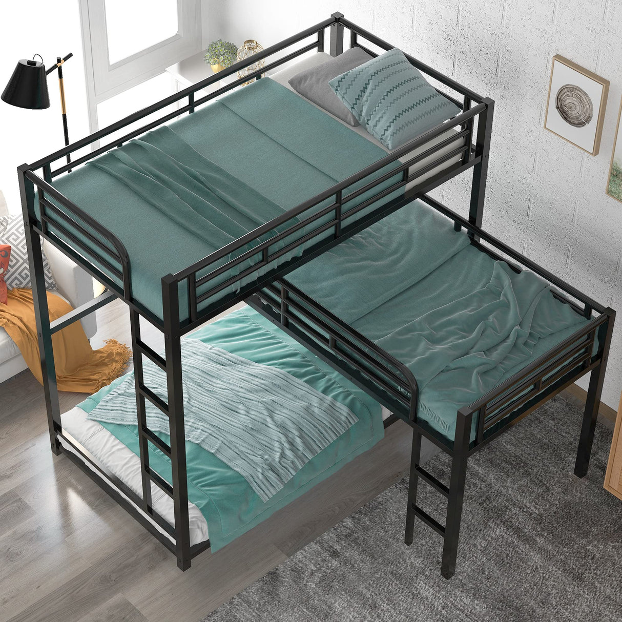 Metal Triple Bunk Bed Twin Size, L-Shaped Metal Triple Bunk Bed Frame, 3 Beds Bunk Bed for Kids Teens Adults - Black Merax