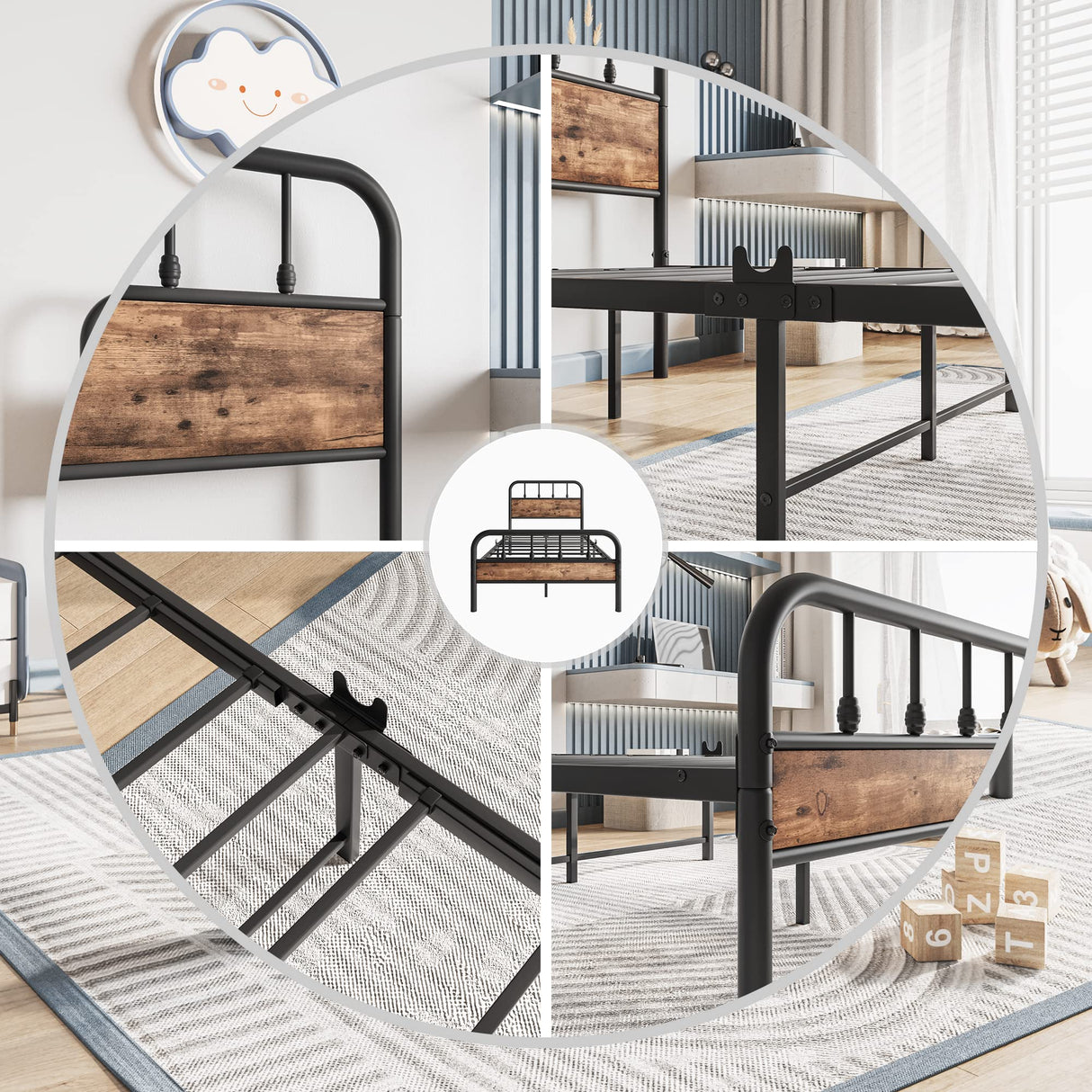 Elegant Home Products Metal Bed Frames with Heavy Duty Steel Slat,Hearboard and Footboard No Box Spring Needed Easy Assembly for Living Room(Twin,Black) Elegant Home Products