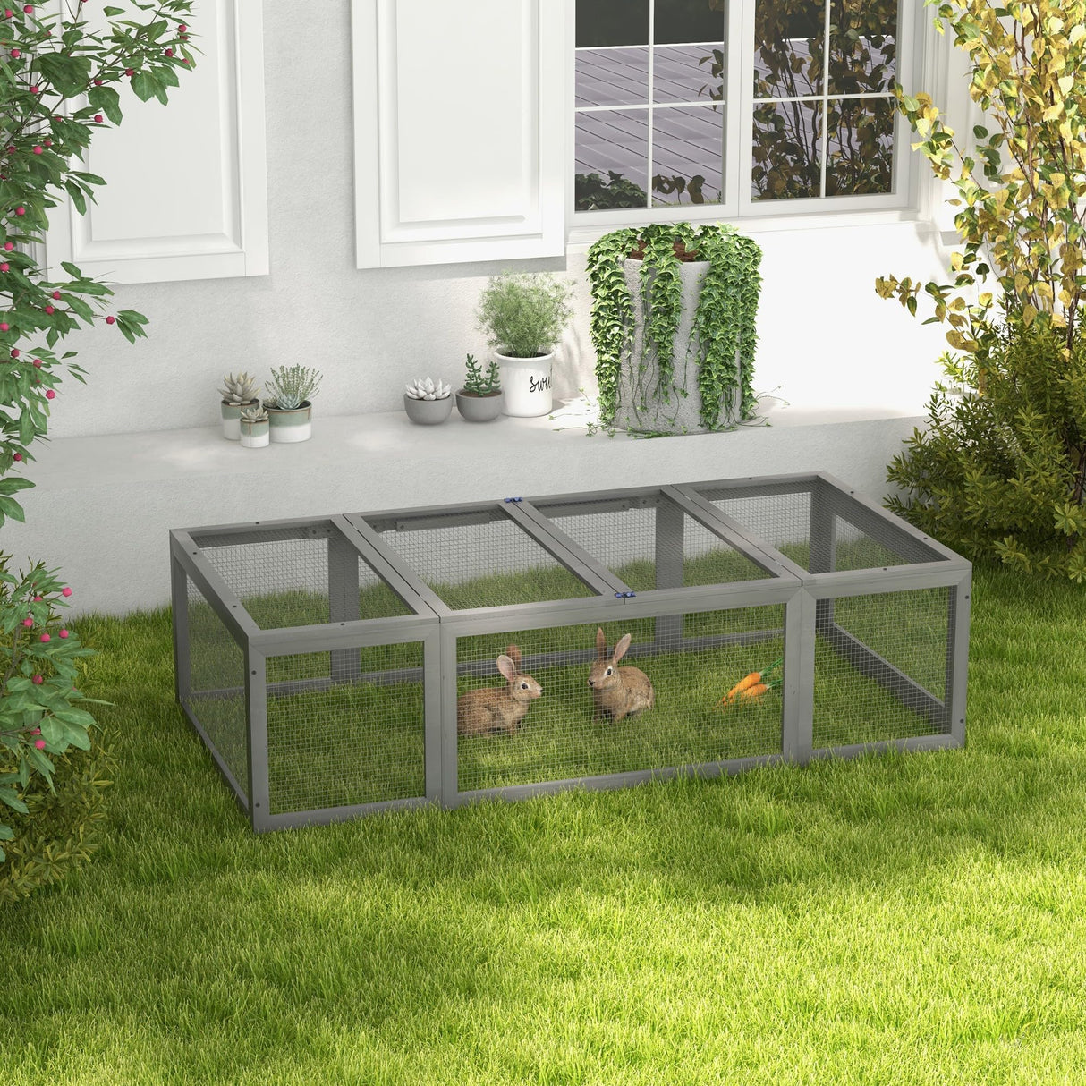 PawHut Large Wooden Rabbit Hutch Bunny Hutch Small Animal Habitat Enclosure Outdoor Run and Lockable Doors, Gray PawHut