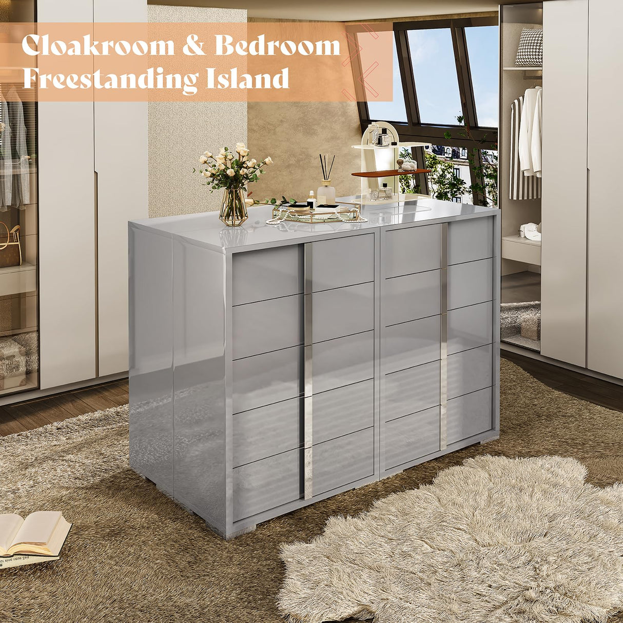 AMERLIFE 50.2" H Modern 5 Drawer Dresser, Glossy Surface Chest of Drawers, Large Storage Organizer for Bedroom, Living Room, Cloakroom, Luxury, Light Grey AMERLIFE