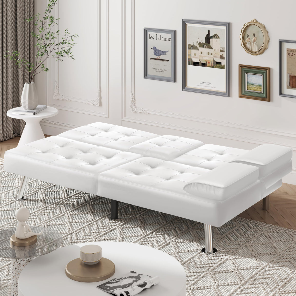 VICTONE Futon Sofa Bed Modern Faux Leather Couch Bed Convertible Folding Recliner for Living Room with 2 Cup Holders and Armrest (White) VICTONE