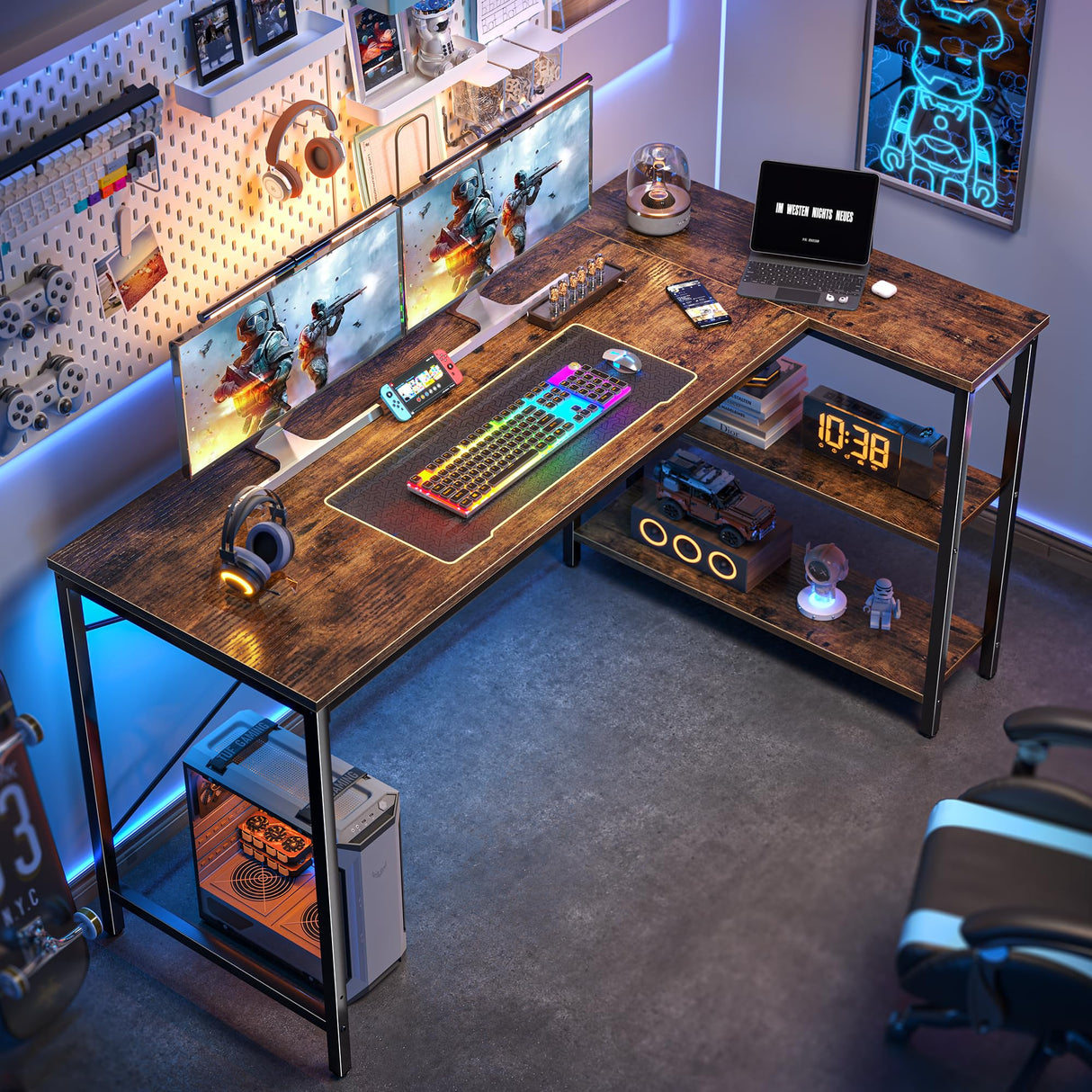 Huuger L Shaped Desk, 55 Inches Computer Desk with Reversible Storage Shelves, Gaming Desk, Corner Desk Home Office Desks, Writing Desk Study Desk with Metal Frame, Rustic Brown Huuger