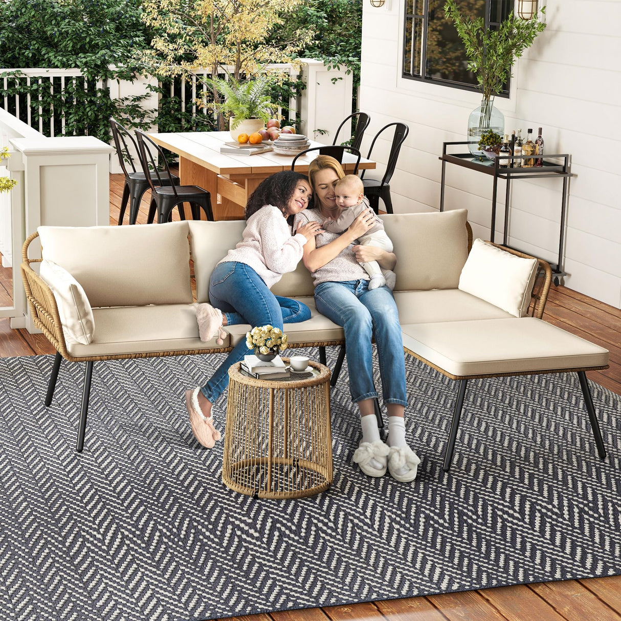 DWVO 3 Pieces Patio Furniture Set, Wicker Conversation Sectional Sofa, L-Shaped Sofa with 4 Seater for Backyard, Porch, Boho Detachable Lounger with Cushions and Coffee Table - Beige DWVO