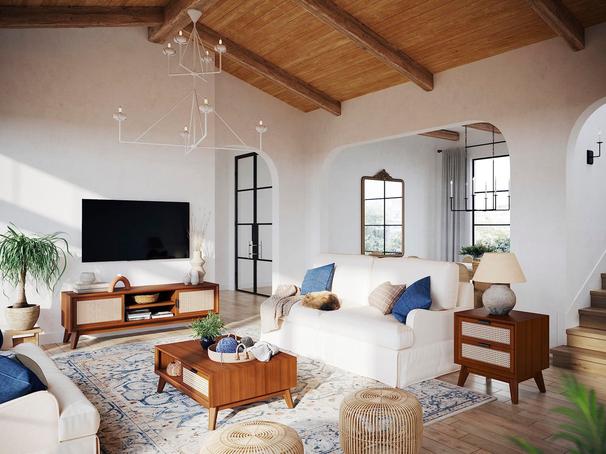 Bme Jasper Deluxe Solid Wood Rattan Nightstand Fully Assembled-Mid Century Modern Side Table with 2 Drawers-Multipurpose use for Living Room, Bedroom-Dark Chocolate Bme