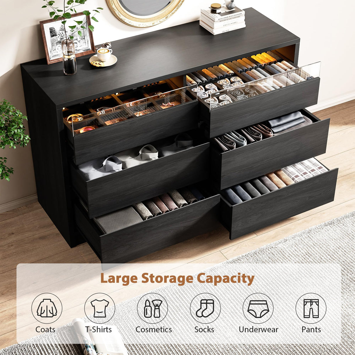 Jocoevol Modern LED 6 Drawer Dresser for Bedroom, Large Chest of Drawers with Hidden Handles, Long Double Wooden Dresser Closet for Living Room, Entryway, Hallway (Black) Jocoevol