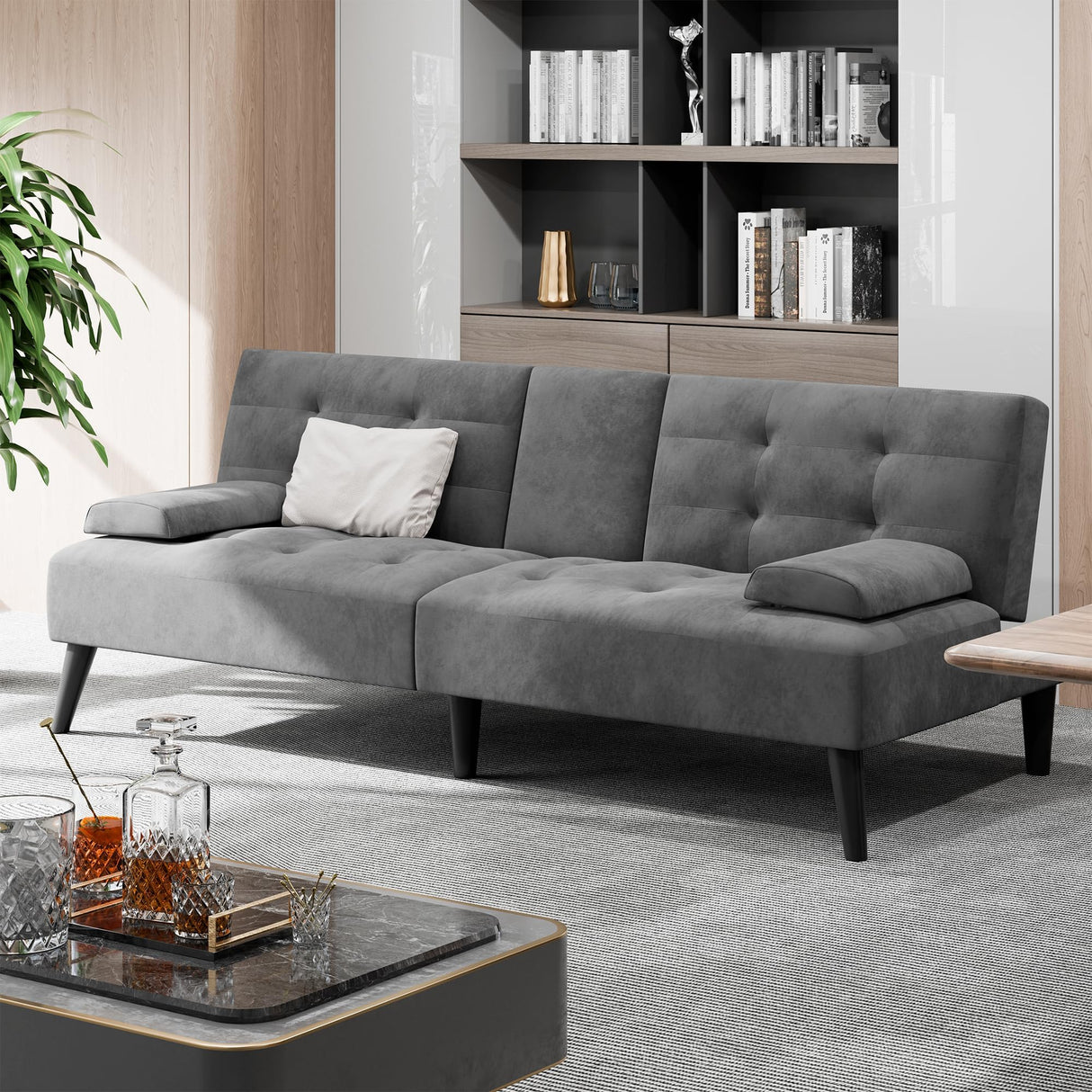 Shintenchi Futon Sofa Bed, Velvet Foldable Couch Reclining Sleeper w/Removable Armrests, Upholstered Loveseat w/Folding Cup Holders for Home, Office, Dark Gray Shintenchi