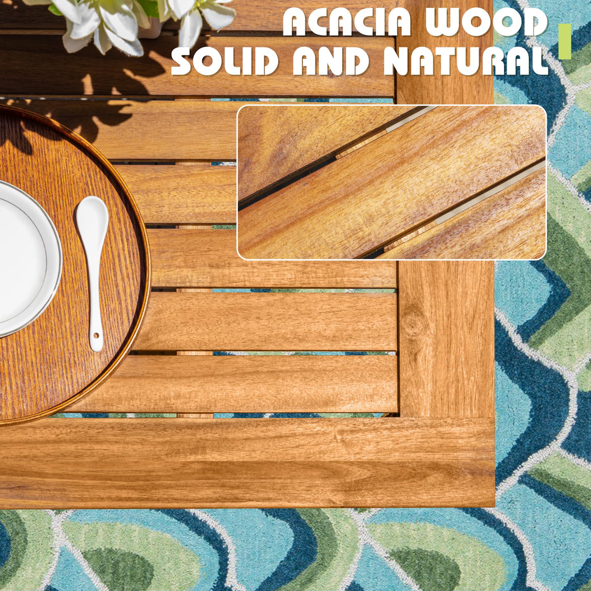 Flamaker 5 Piece Outdoor Dining Set Acacia Wood Patio Table and Chairs with Soft Cushions Patio Furniture for Deck, Backyard, Garden Flamaker