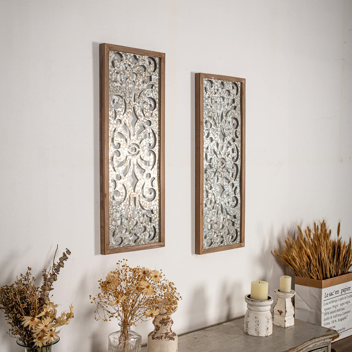 Sintosin Farmhouse Galvanized Wall Decor, 12" x 32", Hanging Window Pane, Wood & Metal Wall Art, Steel Sheet Wall Sculpture, Decorative Wall Panel for Living Room Fireplace Sintosin