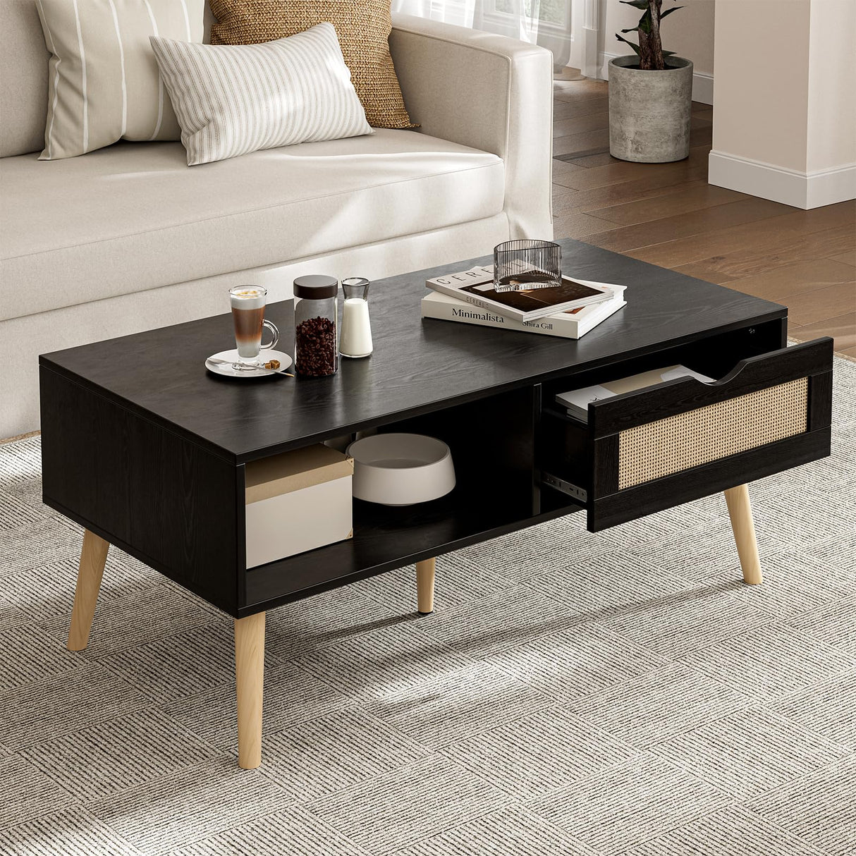 ZttRiee Wood Coffee Table with Storage, Boho Dining Table with Rattan Drawer and Solid Wood Legs, Small Coffee Tables for Living Room, Black ZttRiee