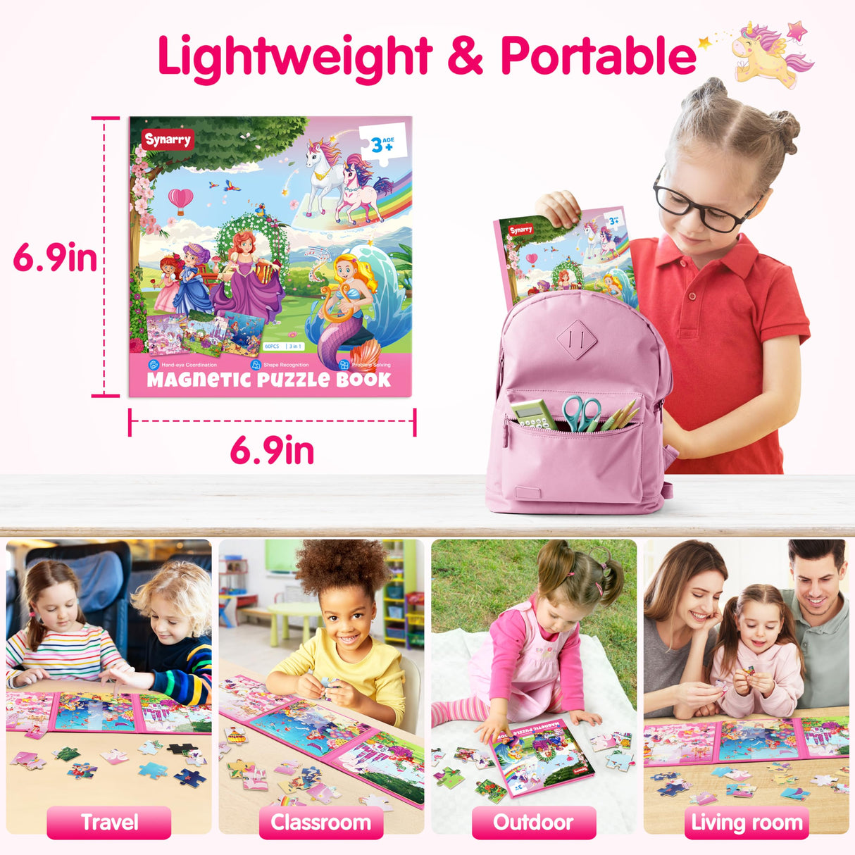 SYNARRY Unicorn Mermaid Princess Magnetic Puzzles for Toddlers 3-5 Girls, 20 Pieces Travel Puzzles for Kids Ages 4-6, Car Airplane Road Trip Activities Toys for 3 4 5 6 Year Old Girls Birthday Gifts SYNARRY