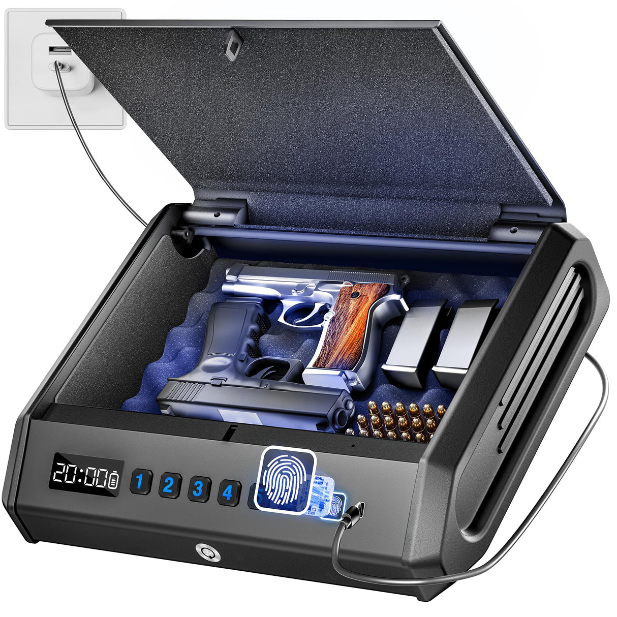 Large Gun Safe for 2-4 Pistols, Fingerprint Digital PIN Key Unlock with LCD Display & USB Port, 650 DPI Quick Access Biometric Handgun Safe, Hand Gun Lock Box for Home Drawer Car Bedside Nightstand TOPMEDA